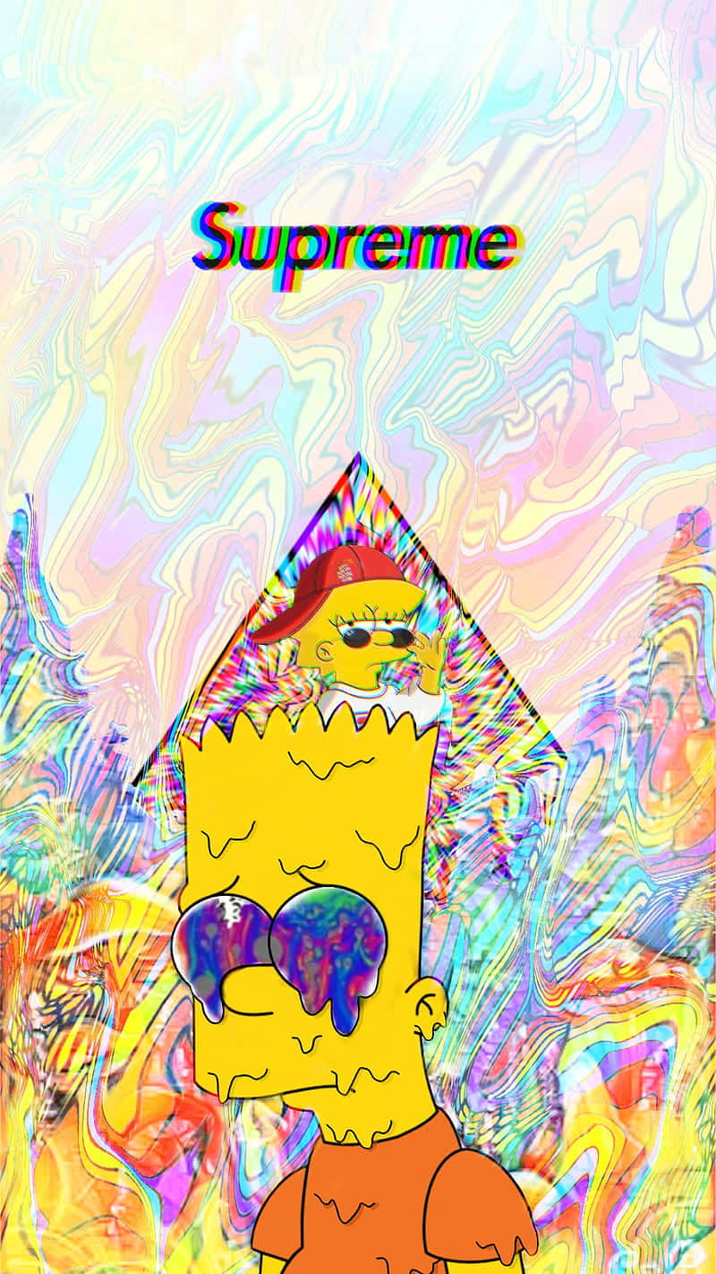  壁紙 — Bart Simpson 戴著太陽眼鏡和紅色帽子，從一個迷幻、彩虹色、故障的漩渦中出現，上方有 'Supreme' 字樣。