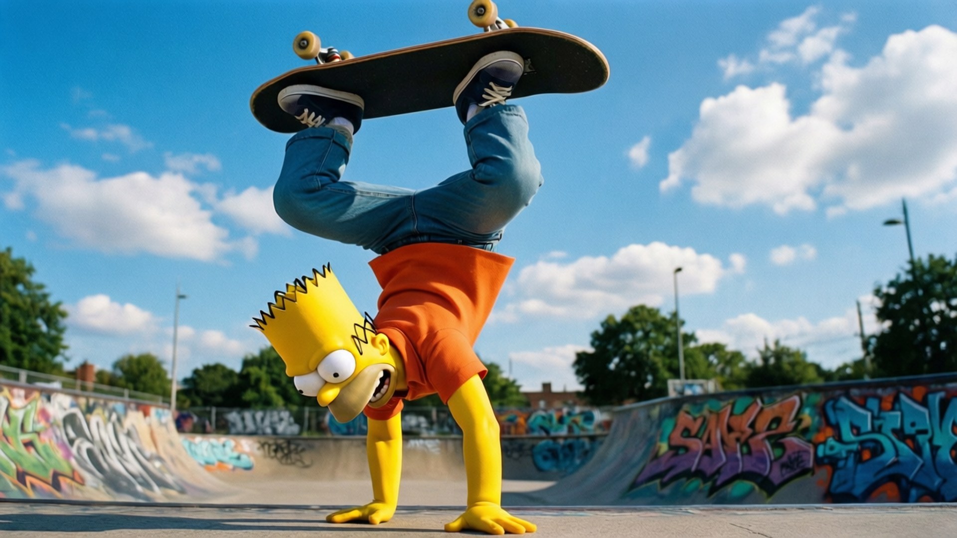 Upside Down Bart 壁紙 — 巴特·辛普森在一個塗鴉覆蓋的滑板公園裡，在明亮的藍天下用手平衡，將滑板舉過頭頂。