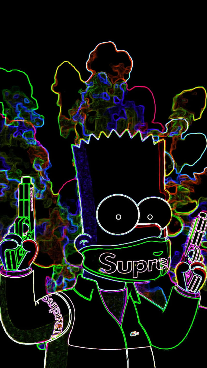 Dope Simpsons 桌布 壁紙 — Bart Simpson 以霓虹輪廓線條呈現，手持兩把帶有 'Supreme' 標誌的槍，背景為黑色，並有色彩繽紛的故障煙霧。