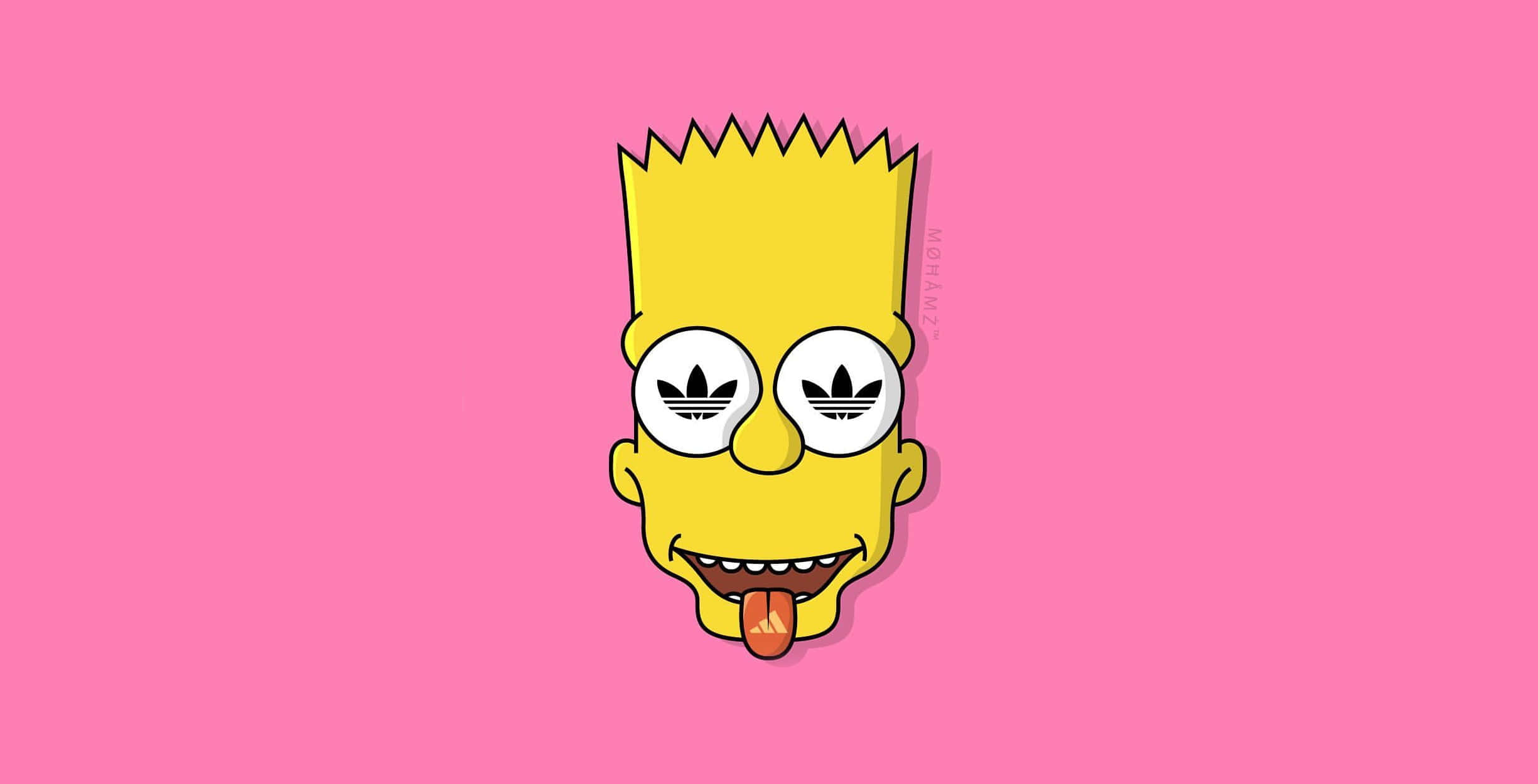 笑臉 桌布 壁紙 — Bart Simpson 卡通臉孔，帶有Adidas標誌眼睛和伸出舌頭，背景為粉紅色。