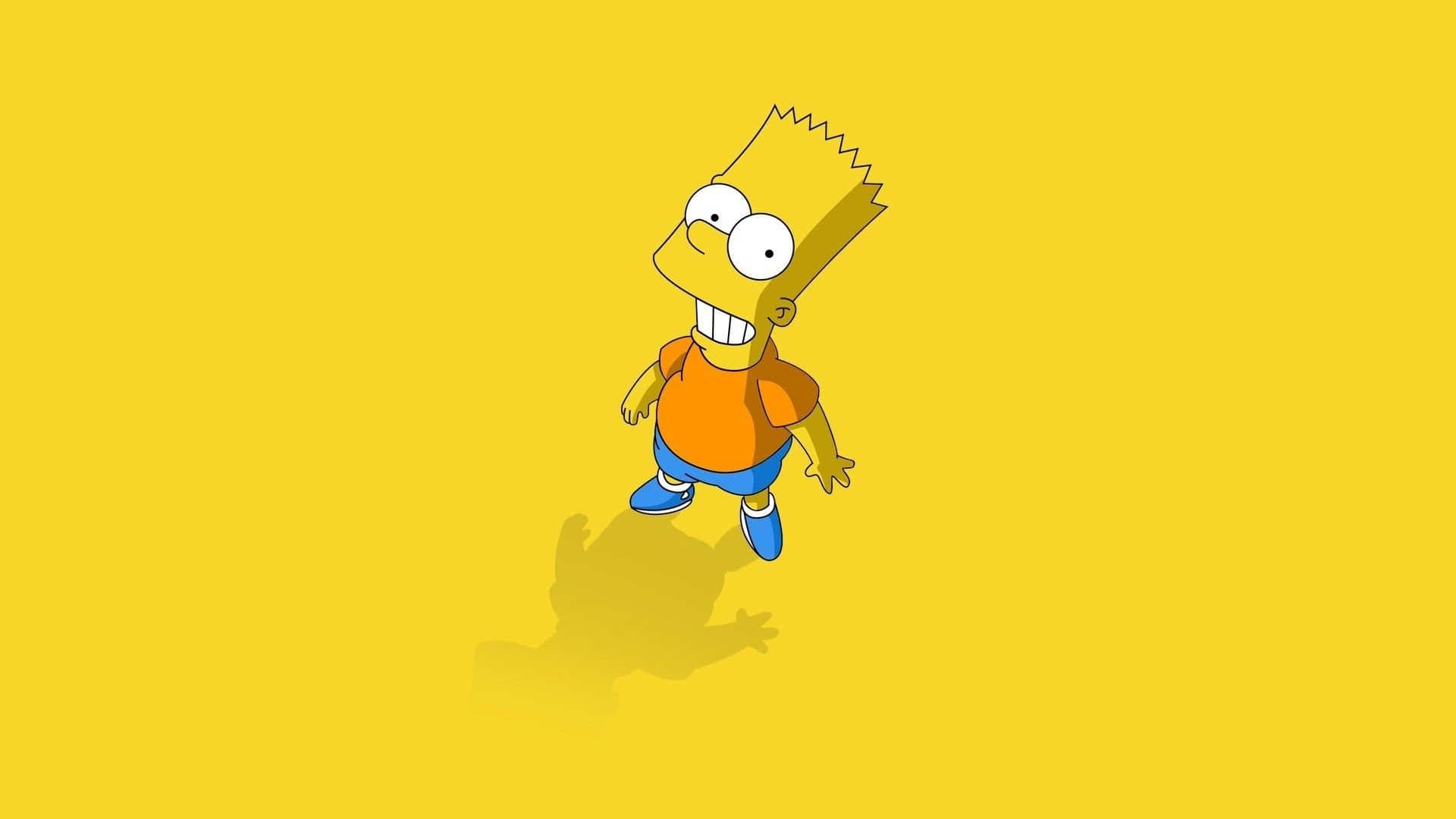辛普森家庭 桌布 壁紙 — Bart Simpson 卡通角色，身穿橙色襯衫和藍色短褲，站在帶有陰影的純黃色背景前。