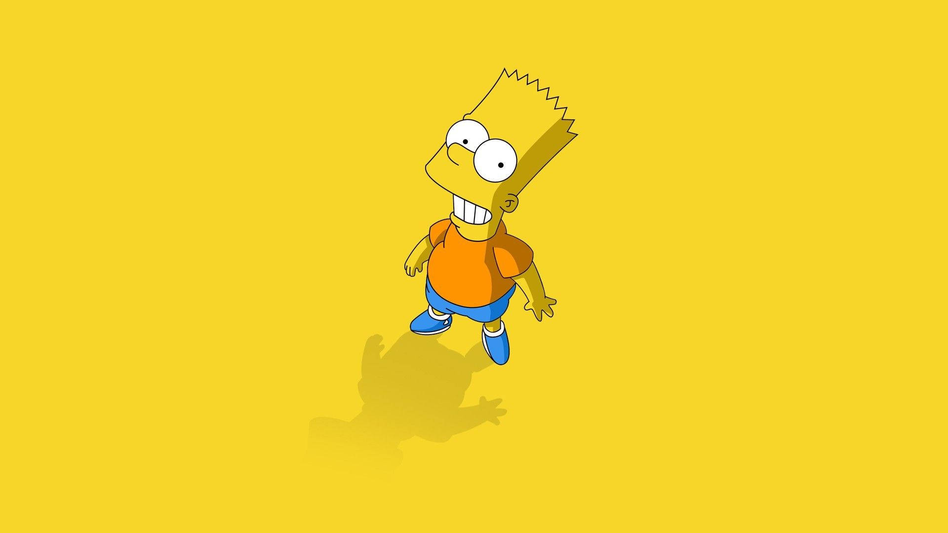 辛普森家庭 桌布 壁紙 — Bart Simpson 卡通角色，身穿橙色襯衫和藍色短褲，站在純黃色背景前，帶有陰影。