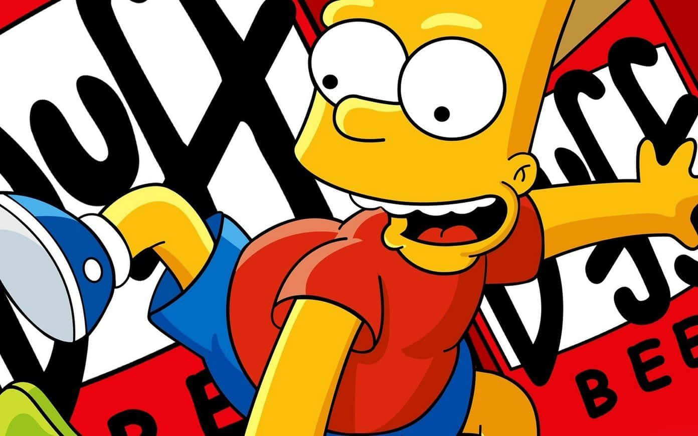 辛普森家庭 桌布 壁紙 — Bart Simpson 卡通角色身穿紅色襯衫和藍色短褲，在塗鴉背景前歡樂跳躍。