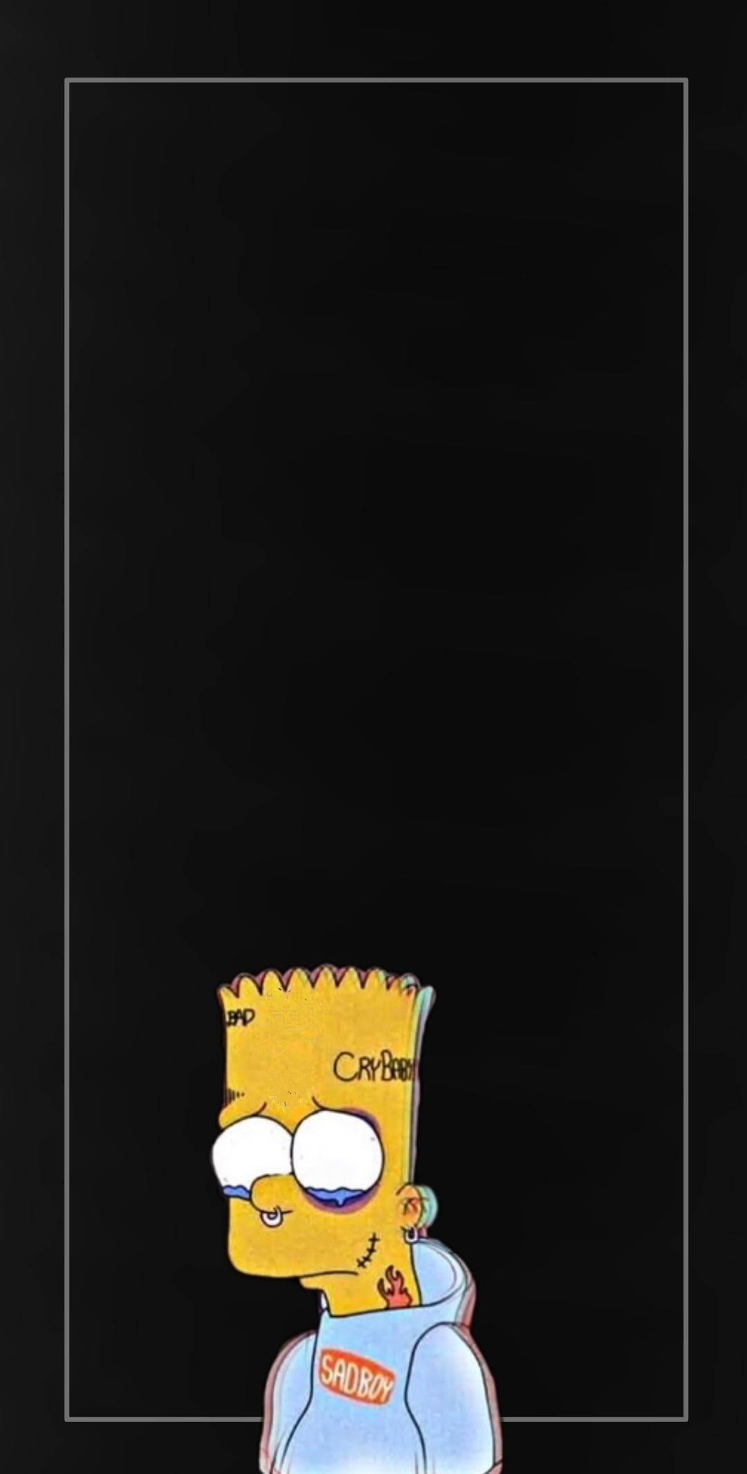 bart simpson sad boy 桌布 壁紙 — Bart Simpson 帶著疲倦的眼神，頭上紋有 'CRYBABY' 字樣，在黑色背景下向上凝視。