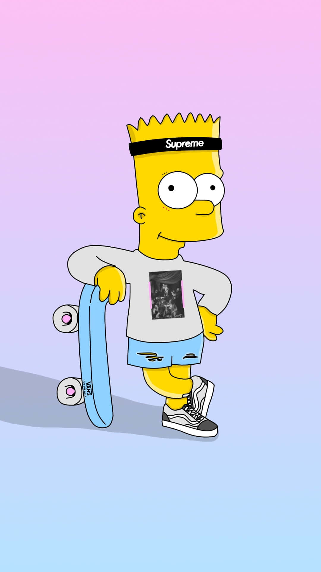 Bart Simpson 穿著街頭服飾在漸變背景前拿著滑板。 — 霸子·辛普森 GIF 壁紙