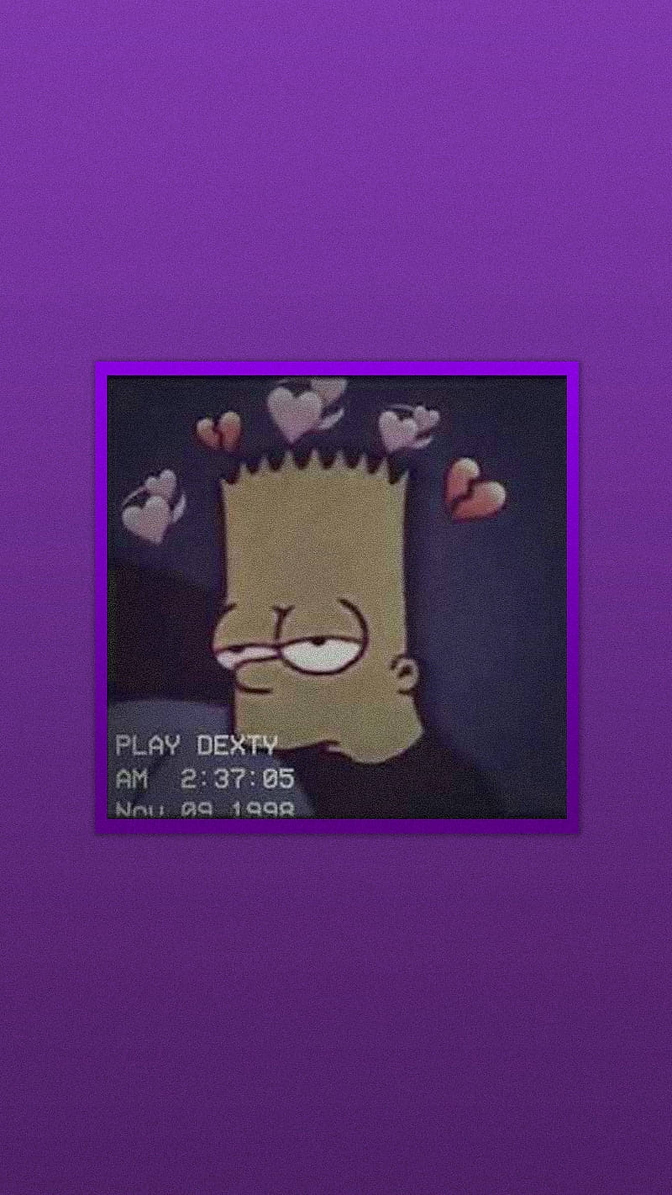 Simpson 桌布 壁紙 — Bart Simpson 的心形圖案在紫色背景上漂浮在他的頭周圍，帶有數位故障效果。