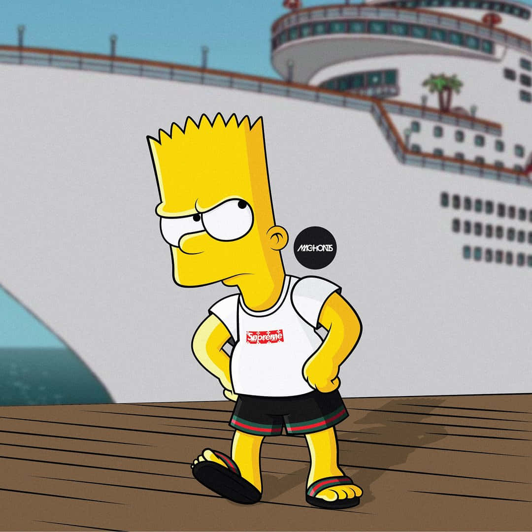 霸子·辛普森 桌布 壁紙 — Bart Simpson 穿著 Supreme T 恤和 Gucci 短褲，表情嚴肅地站在郵輪甲板上。