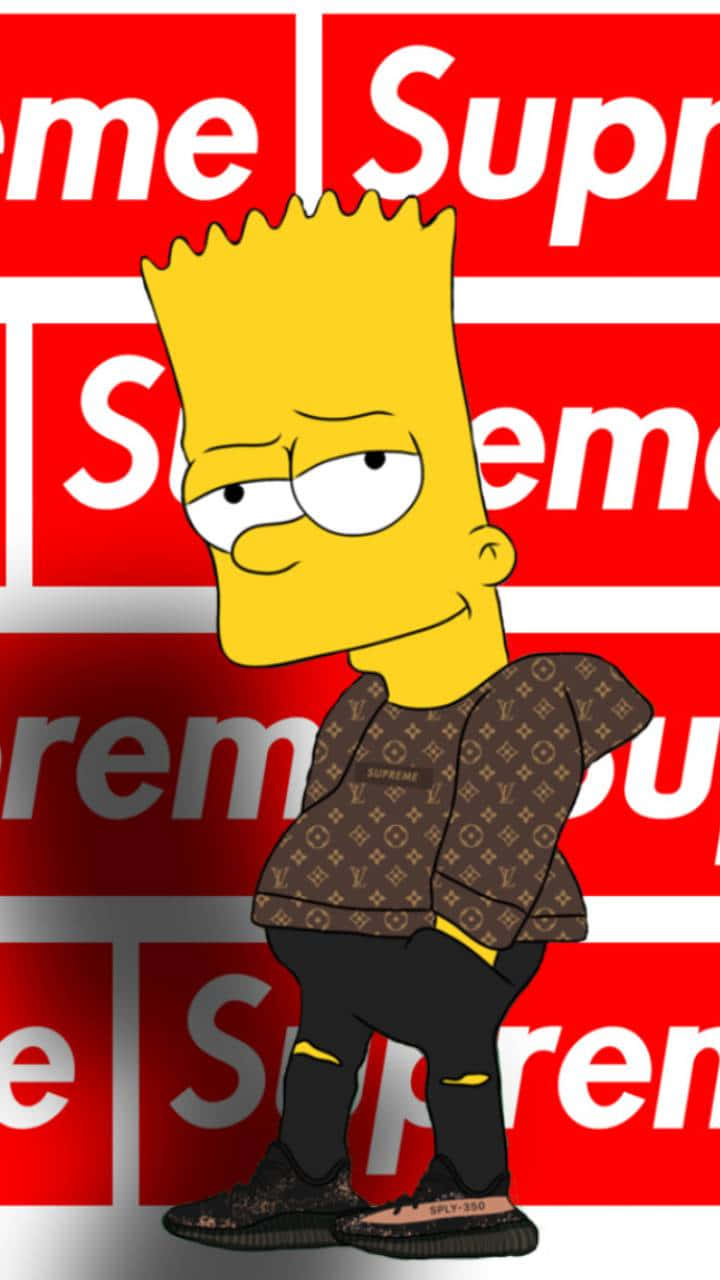 Simpsons Aesthetic 桌布 壁紙 — Bart Simpson 穿著 Louis Vuitton 外套和 Supreme 運動鞋，自信地站在重複的紅色 Supreme 標誌背景前。