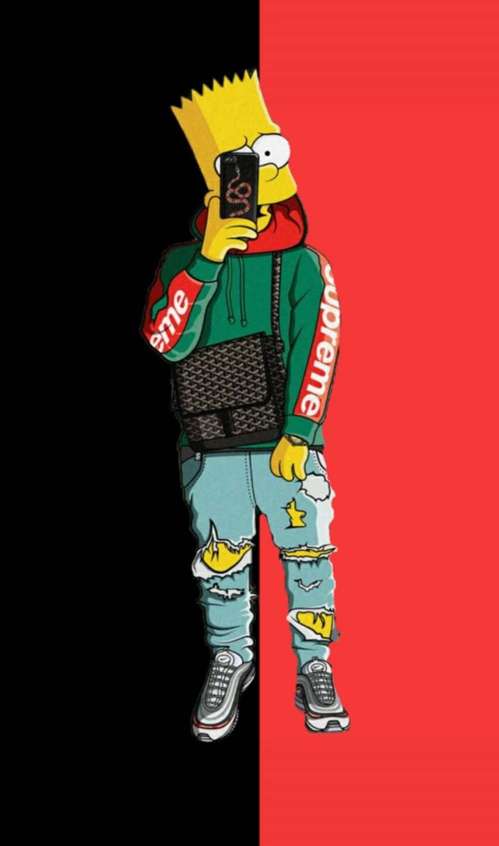 iPhone 桌布 壁紙 — Bart Simpson 穿著 Supreme 連帽衫和破洞牛仔褲，在黑色和紅色分割背景前自拍。
