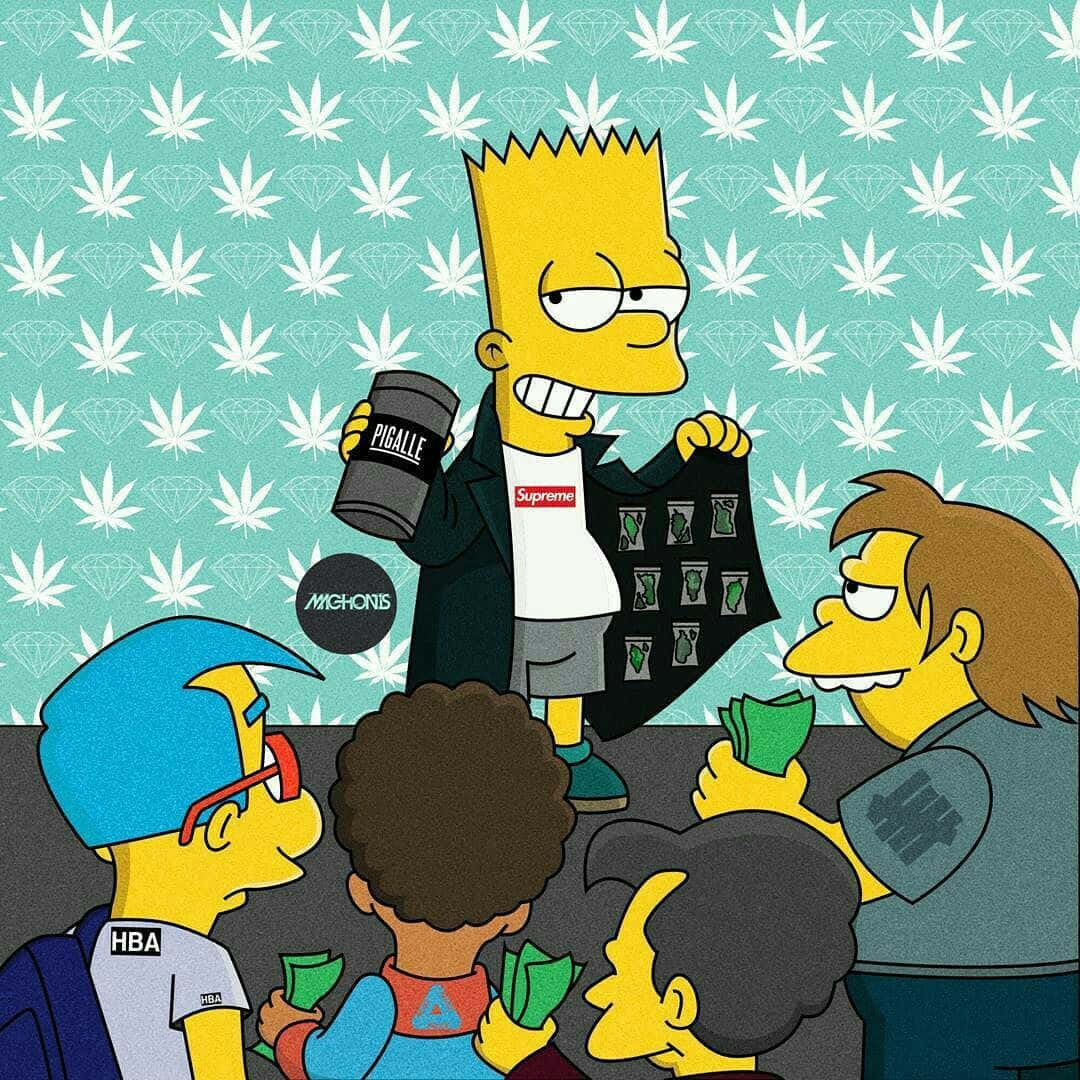 Bart Simpson 穿著 Supreme 外套，被粉絲包圍並遞上現金，背景有圖案。 — Supreme GIF 壁紙