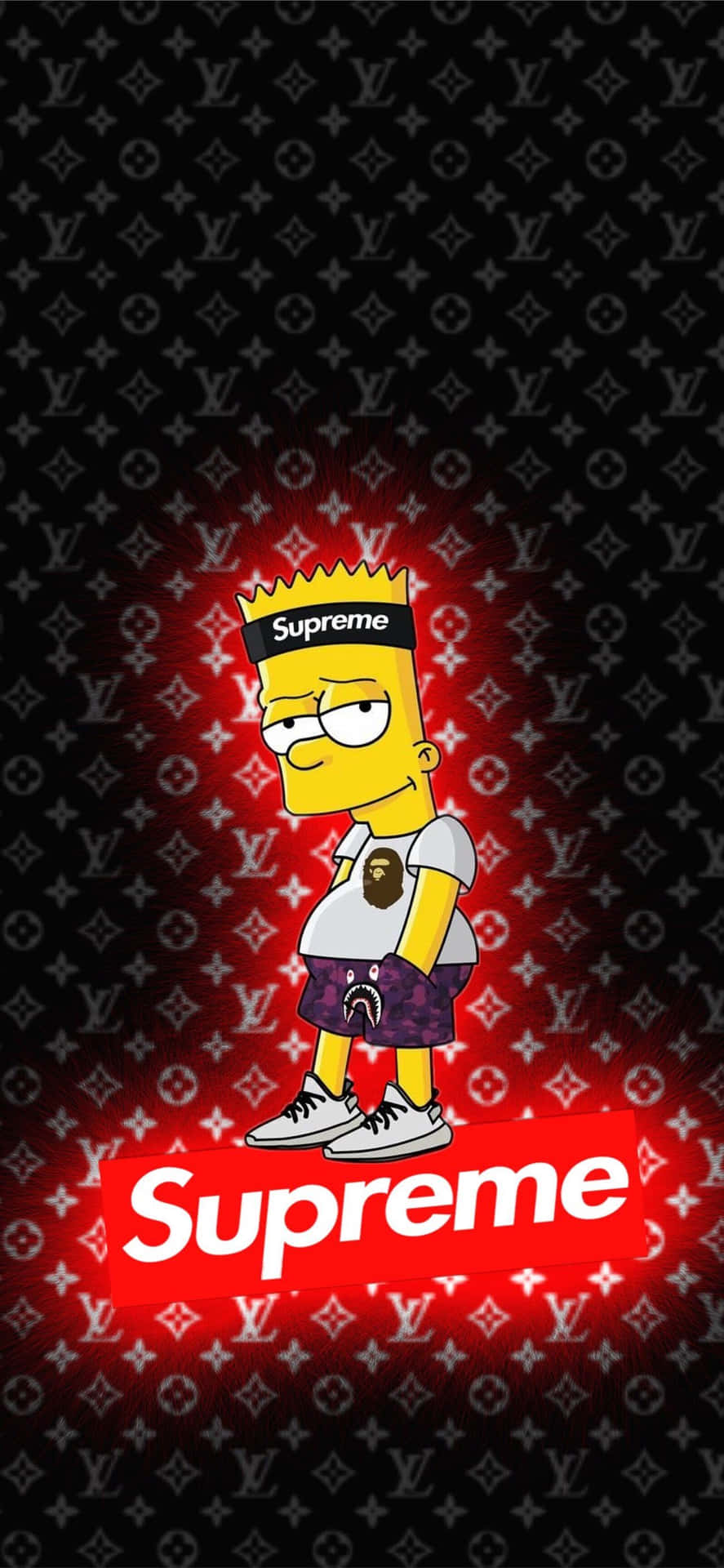 supreme 桌布 壁紙 — Bart Simpson 穿著 Supreme 裝備，站在發光的紅色 Louis Vuitton 字母組合背景前。