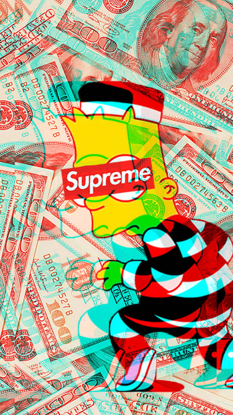 霸子·辛普森 桌布 壁紙 — Bart Simpson 穿著 Supreme 連帽衫，站在一堆混亂的美國百元鈔票上，帶有故障色彩失真效果。