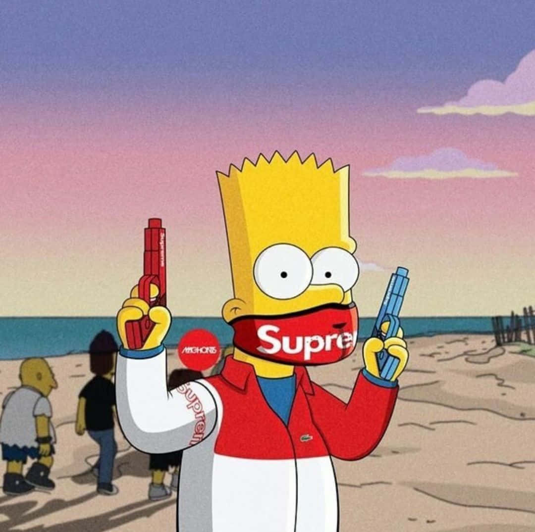 霸子·辛普森 桌布 壁紙 — Bart Simpson 穿著 Supreme 品牌服裝，在日落時分的沙灘上手持水槍。