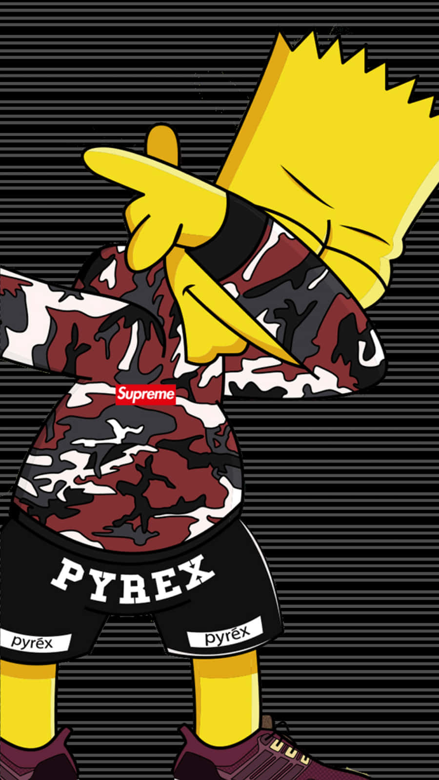 Dope Simpsons 桌布 壁紙 — Bart Simpson 穿著帶有 Supreme 和 Pyrex 品牌標誌的紅、黑、白色迷彩服，在黑色條紋背景前自信地擺出姿勢。