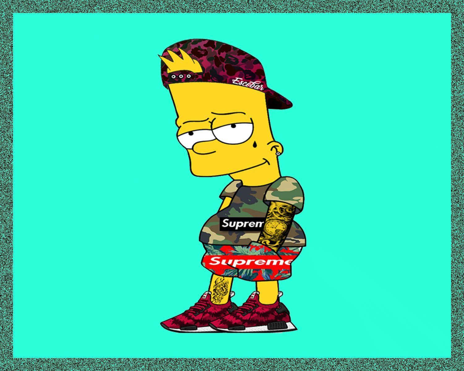 霸子·辛普森 桌布 壁紙 — Bart Simpson 穿著時尚街頭服飾，在帶有粗糙紋理邊框的青綠色背景前擺姿勢。