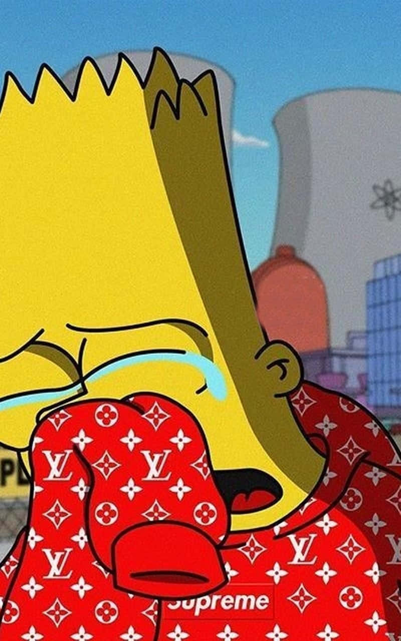霸子·辛普森 桌布 壁紙 — Bart Simpson 穿著紅色 Louis Vuitton Supreme 連帽衫，在城市天際線背景下戲劇性地哭泣。