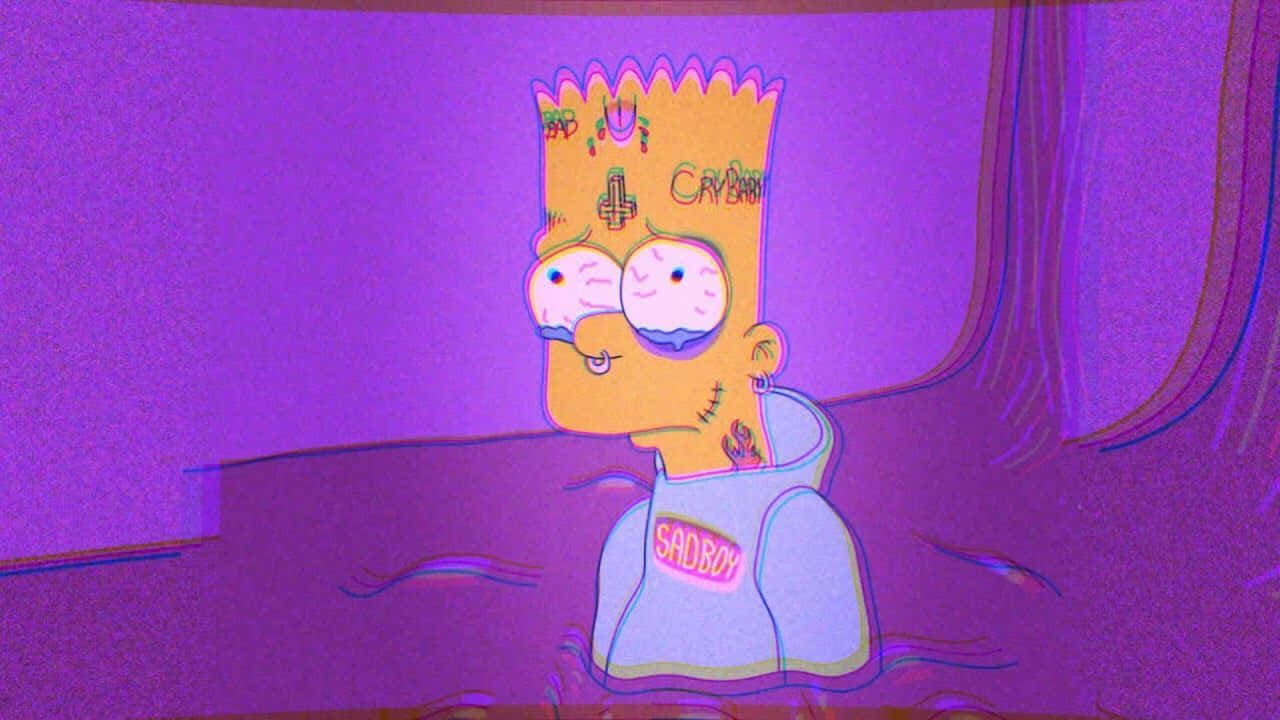 桌布 壁紙 — Bart Simpson 身上有刺青，穿著 sadboy 連帽衫，坐在一個帶有故障數位扭曲的紫色房間裡。