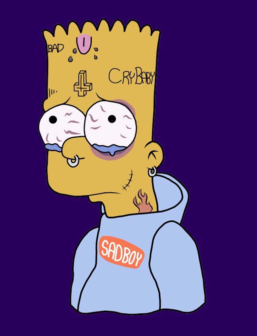 tattoos 桌布 壁紙 — Bart Simpson 身上有刺青和穿環，穿著 'SADBOY' 連帽衫，背景為深紫色。