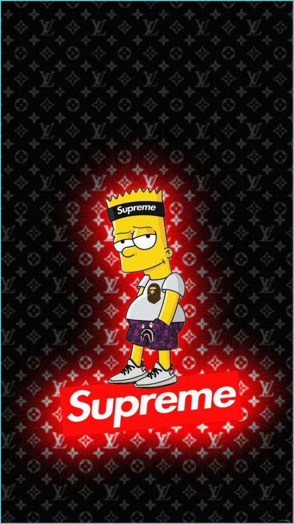 Bart Simpson 身穿 Supreme 街頭服飾，在 LV 字母組合背景上帶有發光的紅色光環。 — 路易威登 GIF 壁紙