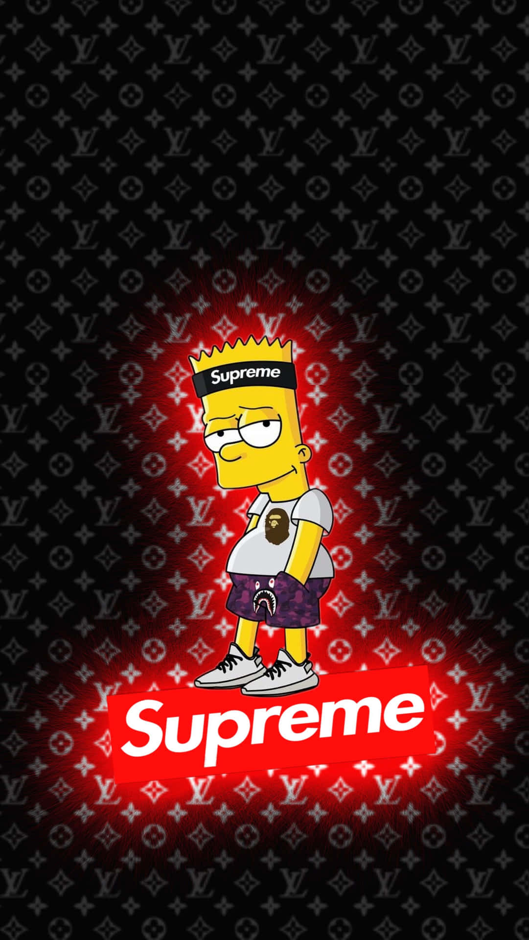 霸子·辛普森 桌布 壁紙 — Bart Simpson 身穿 Supreme 裝備，在黑色 Louis Vuitton 字母組合背景上，以發光的紅色光環為襯托。