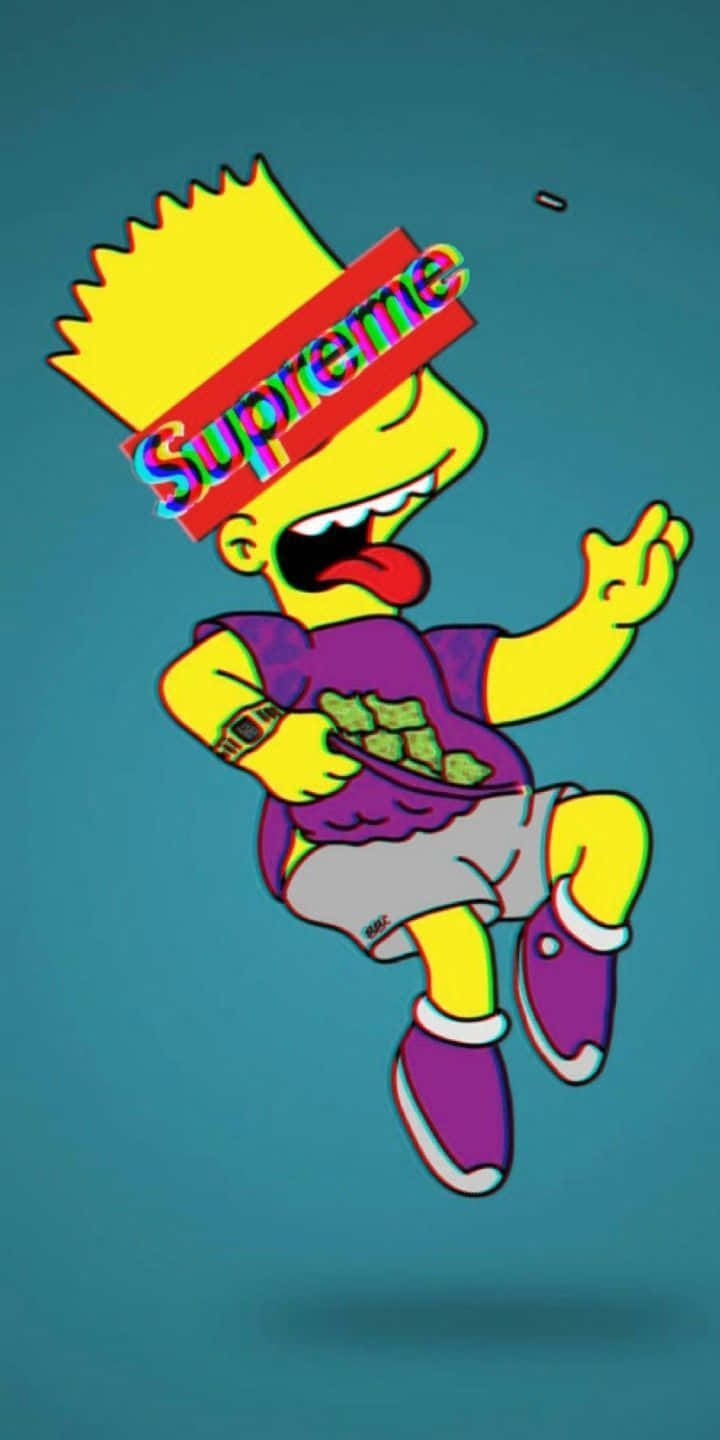 Simpson 桌布 壁紙 — Bart Simpson 身穿紫色服裝，頭上有 Supreme 標誌，在青綠色背景前跳躍中。