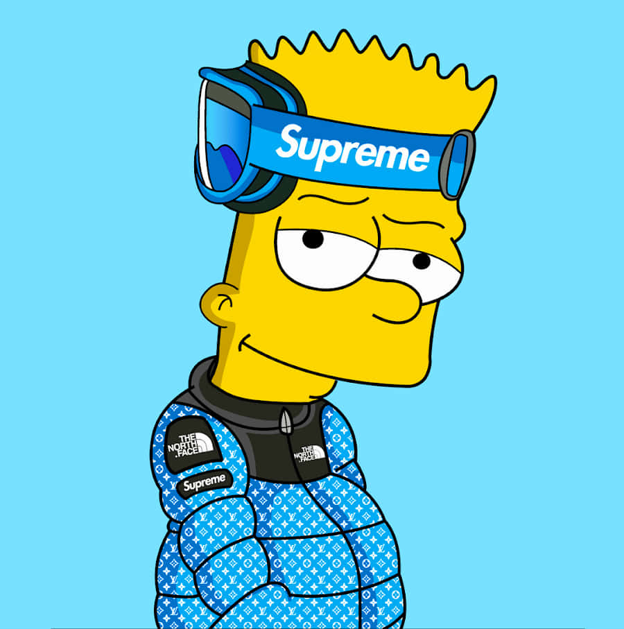 霸子·辛普森 桌布 壁紙 — Bart Simpson 身穿藍色 Louis Vuitton 圖案滑雪外套和 Supreme 護目鏡，背景為純藍色。