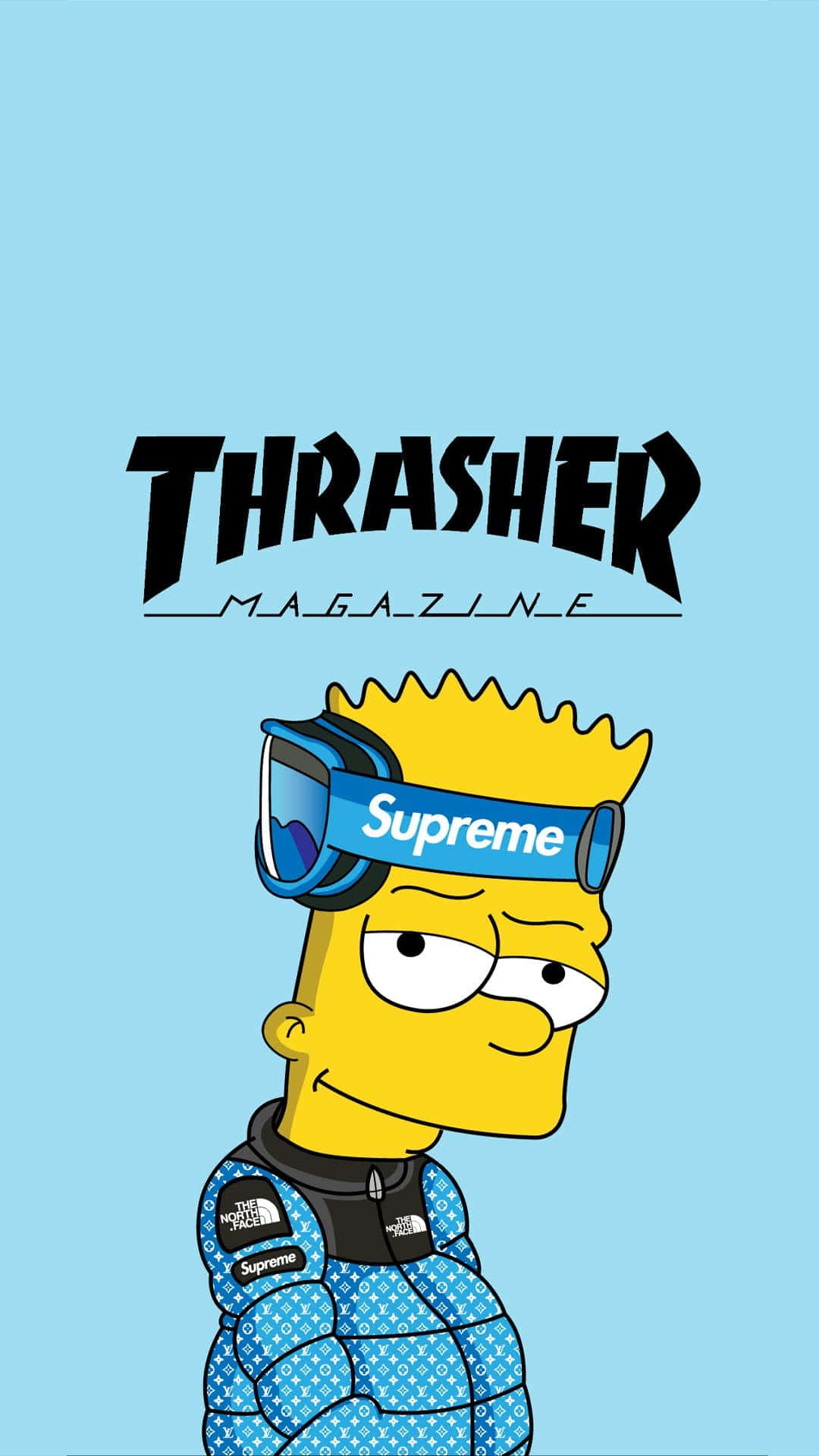 霸子·辛普森 桌布 壁紙 — Bart Simpson 身穿藍色圖案外套和 Supreme 護目鏡，背景為淺藍色，帶有 Thrasher Magazine 標誌。