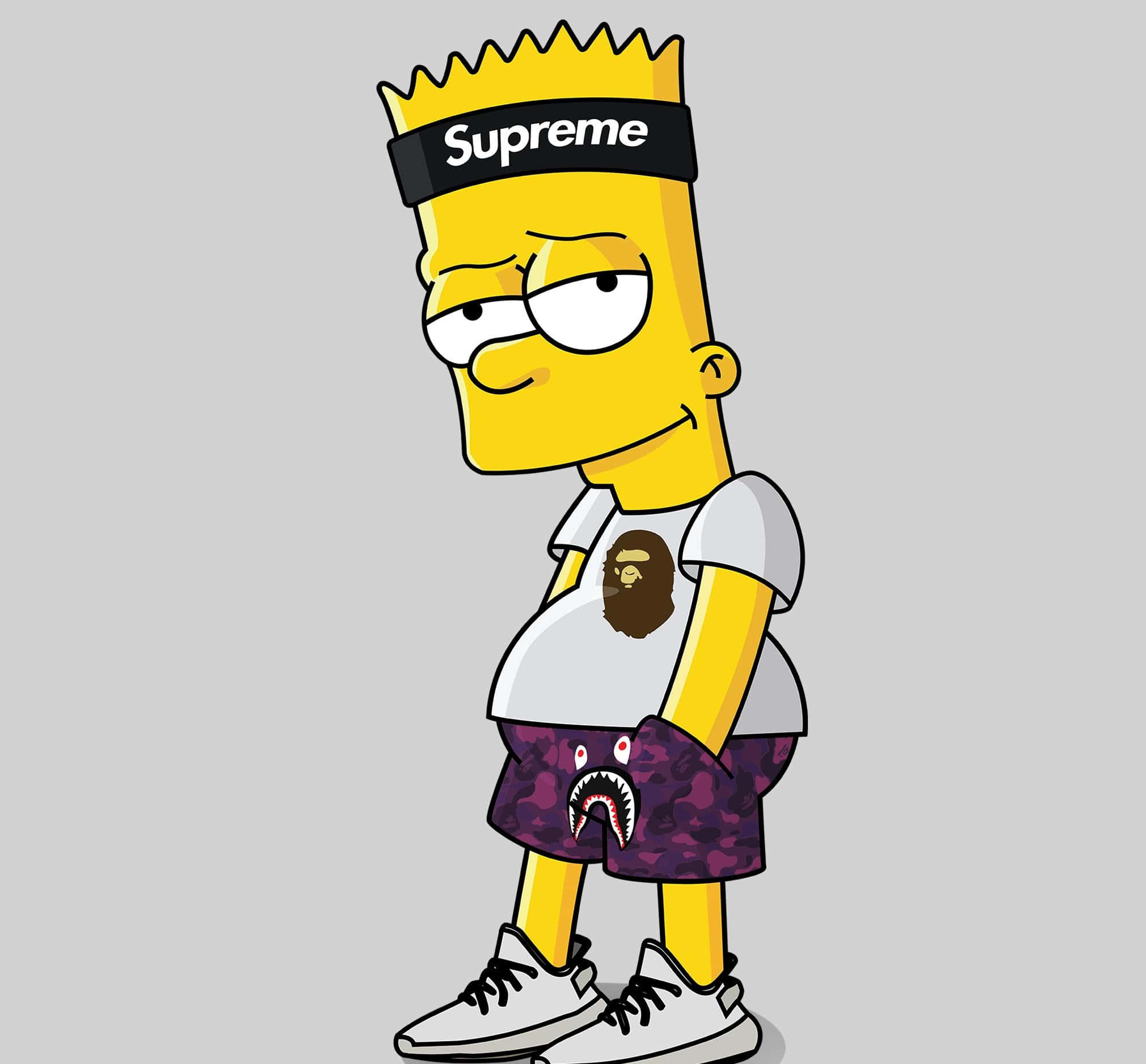 Bart Simpson Gangster 桌布 壁紙 — Bart Simpson 身穿街頭服飾，戴著 Supreme 頭帶和 BAPE 鯊魚短褲，背景為灰色。