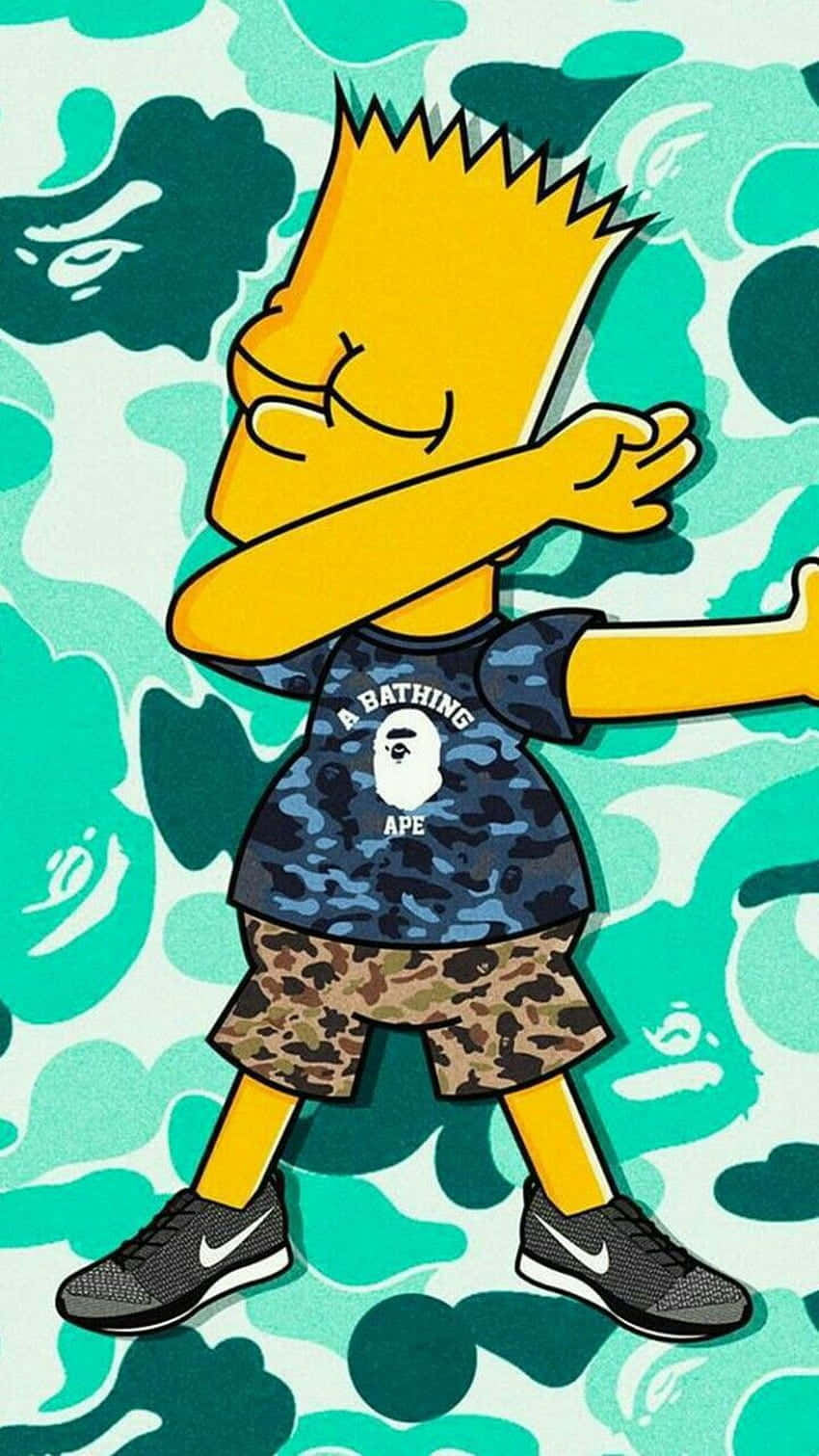 Dope Simpsons 桌布 壁紙 — Bart Simpson 身穿迷彩服，在綠色和藍綠色迷彩背景前擺出 dab 姿勢。