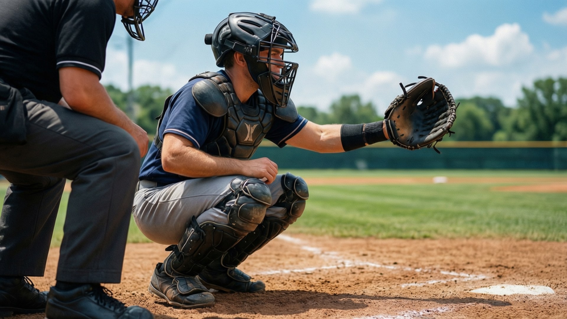 Behind the Plate 壁紙 — 一名身穿全套裝備的棒球捕手蹲在本壘板，向打者伸出他的手套，背景是明亮的藍天。