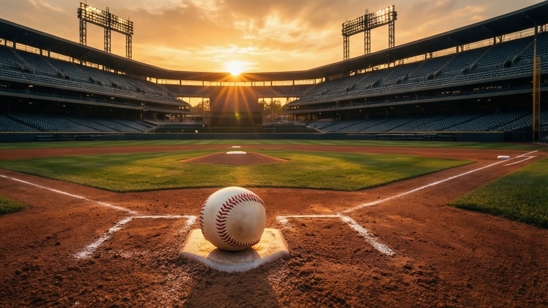 Sunset on the Diamond 壁紙 — 一個棒球放在本壘板上，日落時分，空蕩蕩的球場，地平線散發出金色光芒。