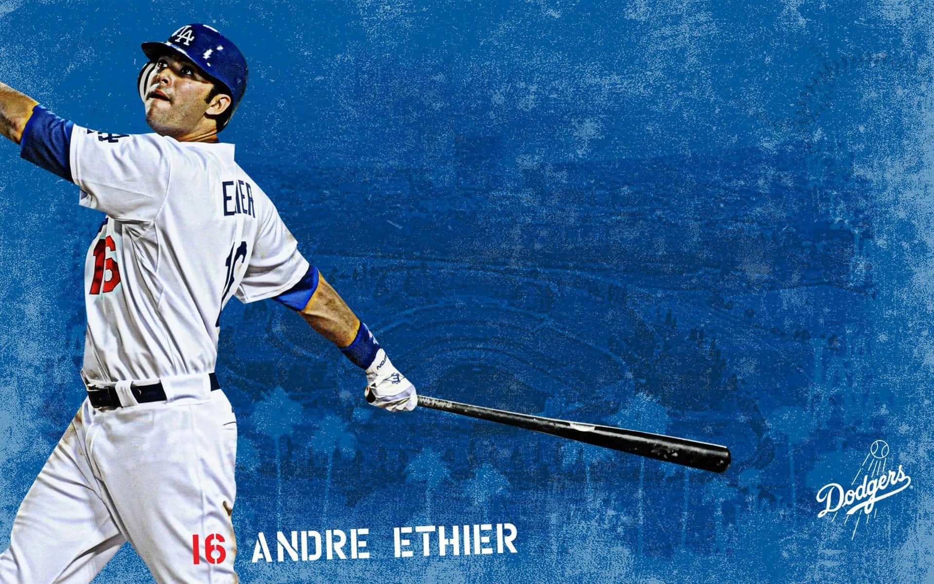  壁紙 — 棒球運動員 Andre Ethier 身穿道奇隊制服，在紋理藍色背景下揮棒。