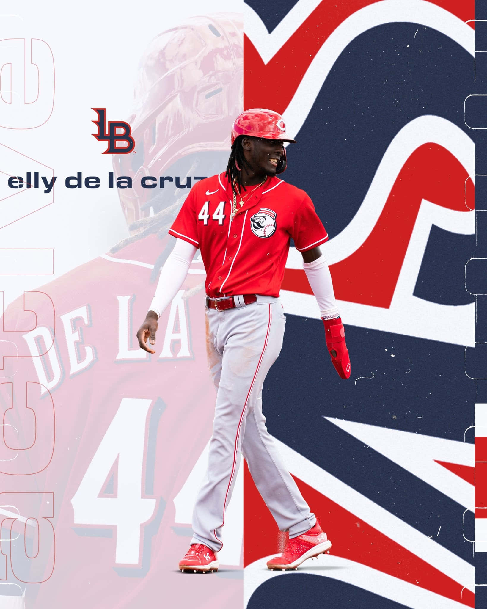 Elly De La Cruz 桌布 壁紙 — 棒球運動員 Elly De La Cruz 身穿紅色制服，自信地走在風格化的球隊標誌背景前。