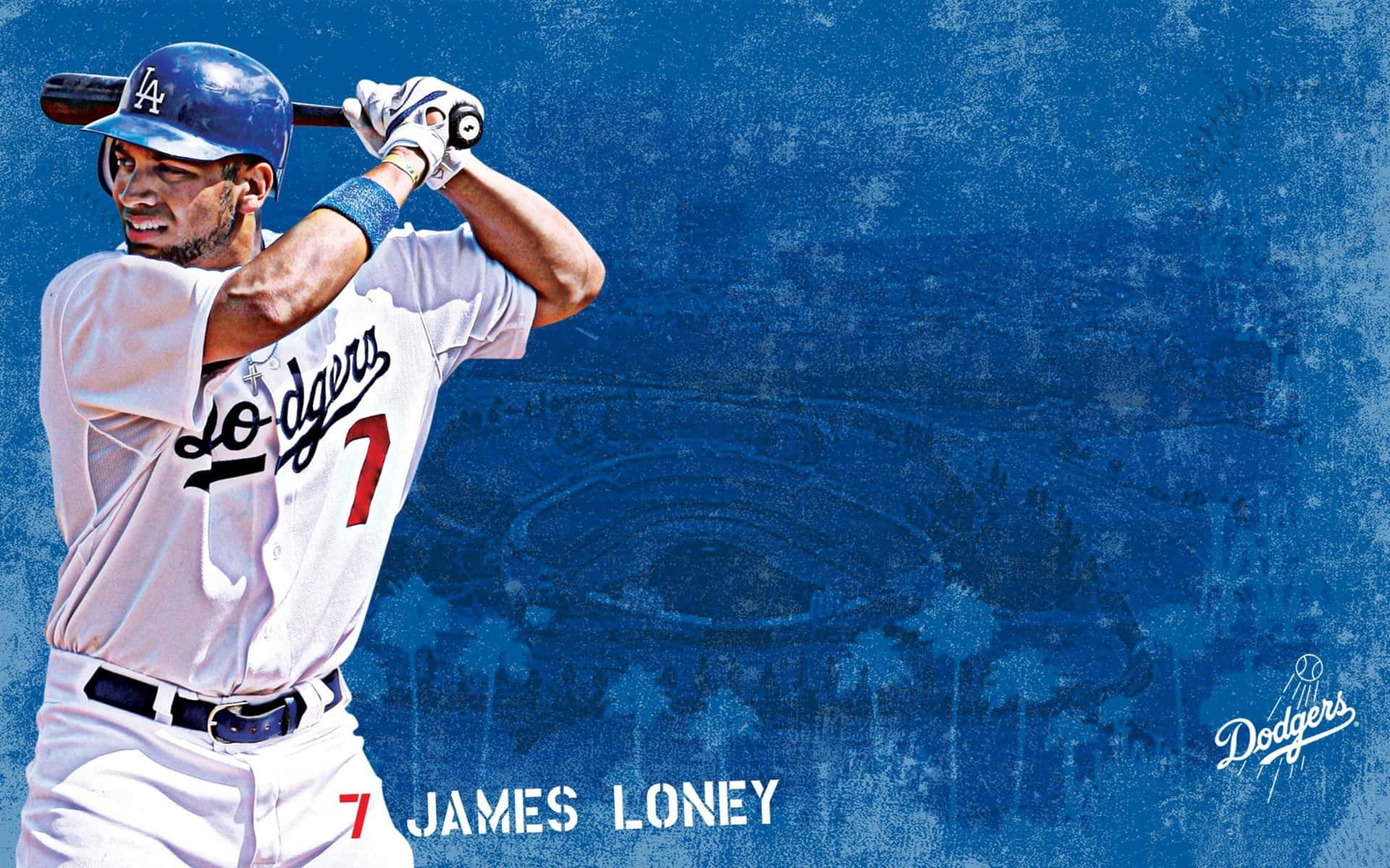  壁紙 — 身穿道奇隊球衣的棒球選手 James Loney 在帶有紋理的藍色背景上揮棒，背景有球場剪影。