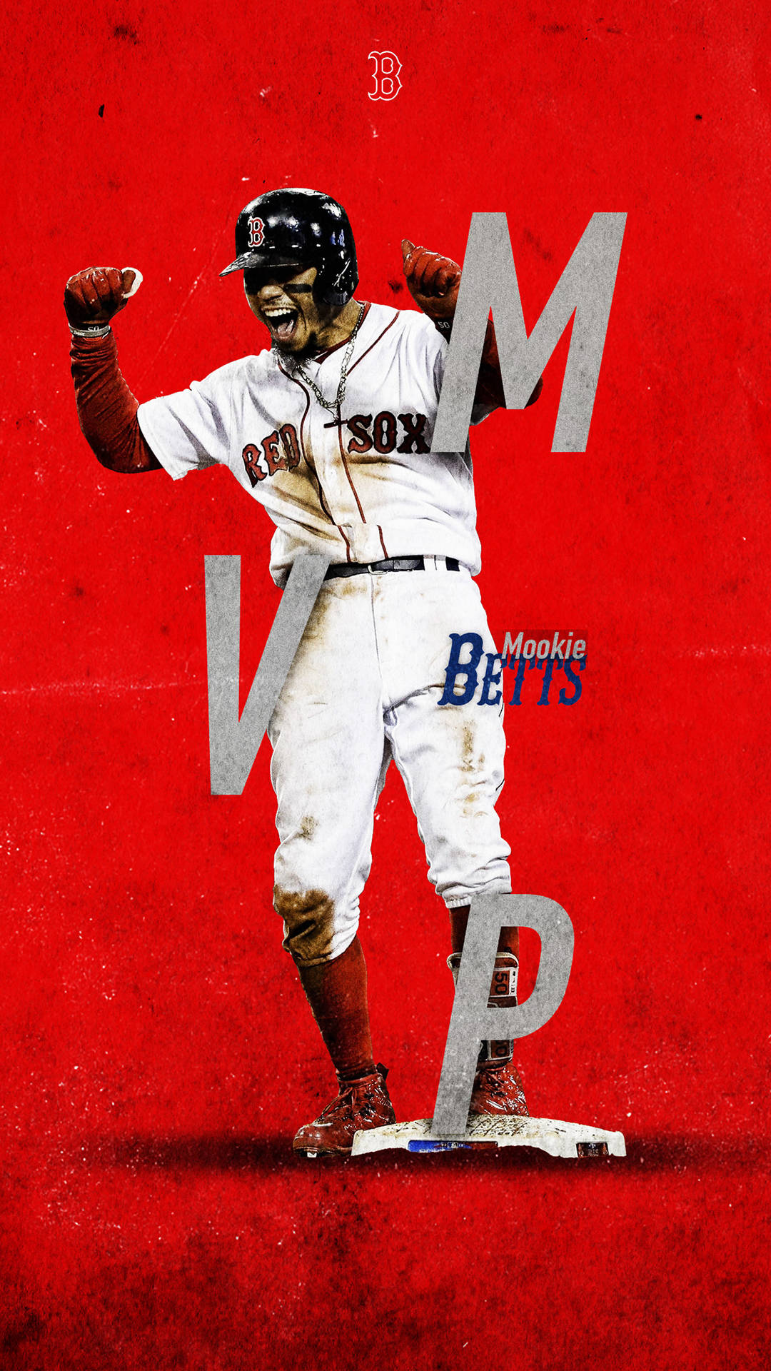 棒球運動員Mookie Betts在紅色背景上身穿紅襪隊制服慶祝MVP勝利。 — MLB 壁紙