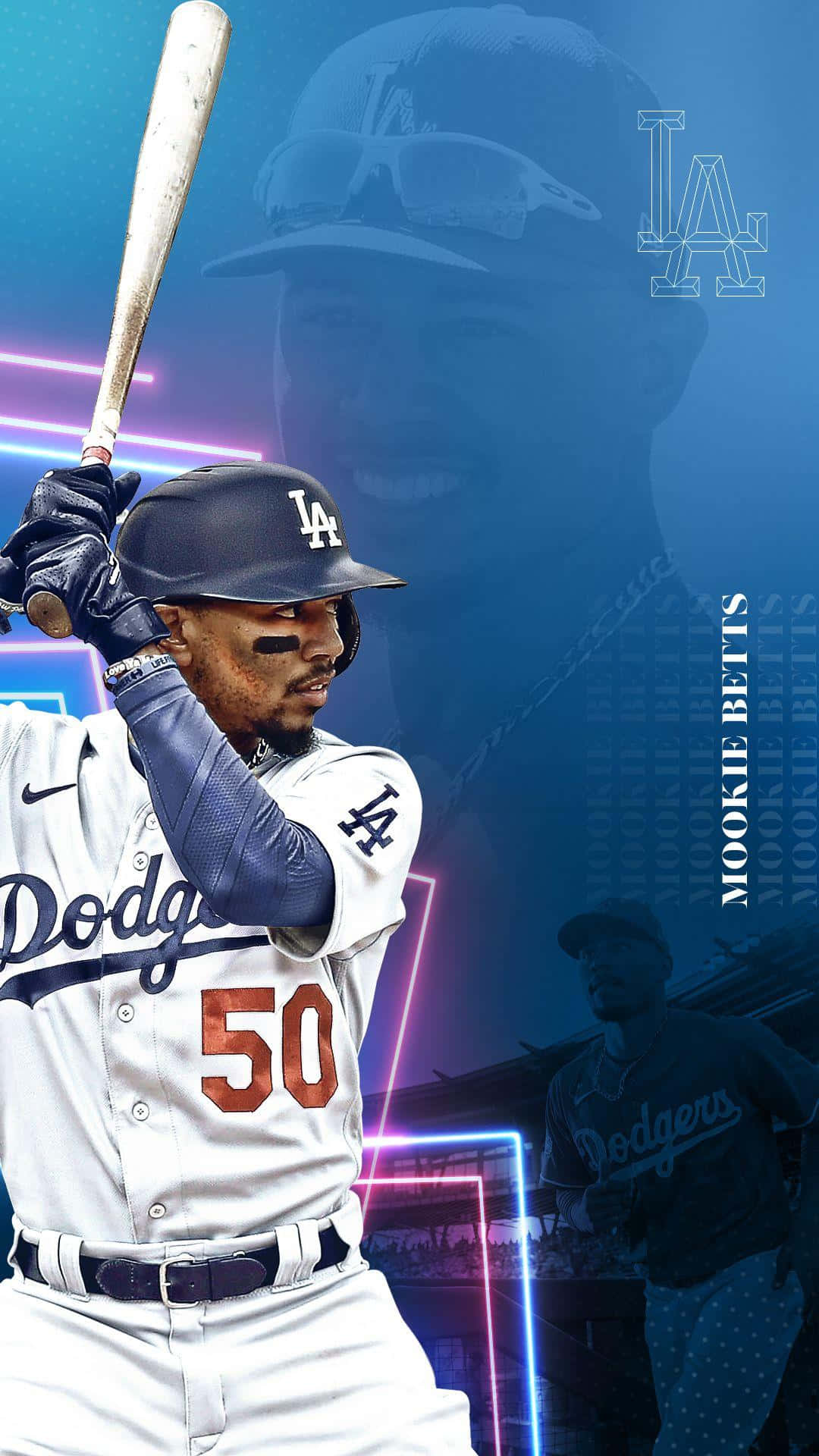  壁紙 — 棒球選手 Mookie Betts 身穿道奇隊制服，準備在充滿活力的霓虹藍色背景和發光線條前揮棒。