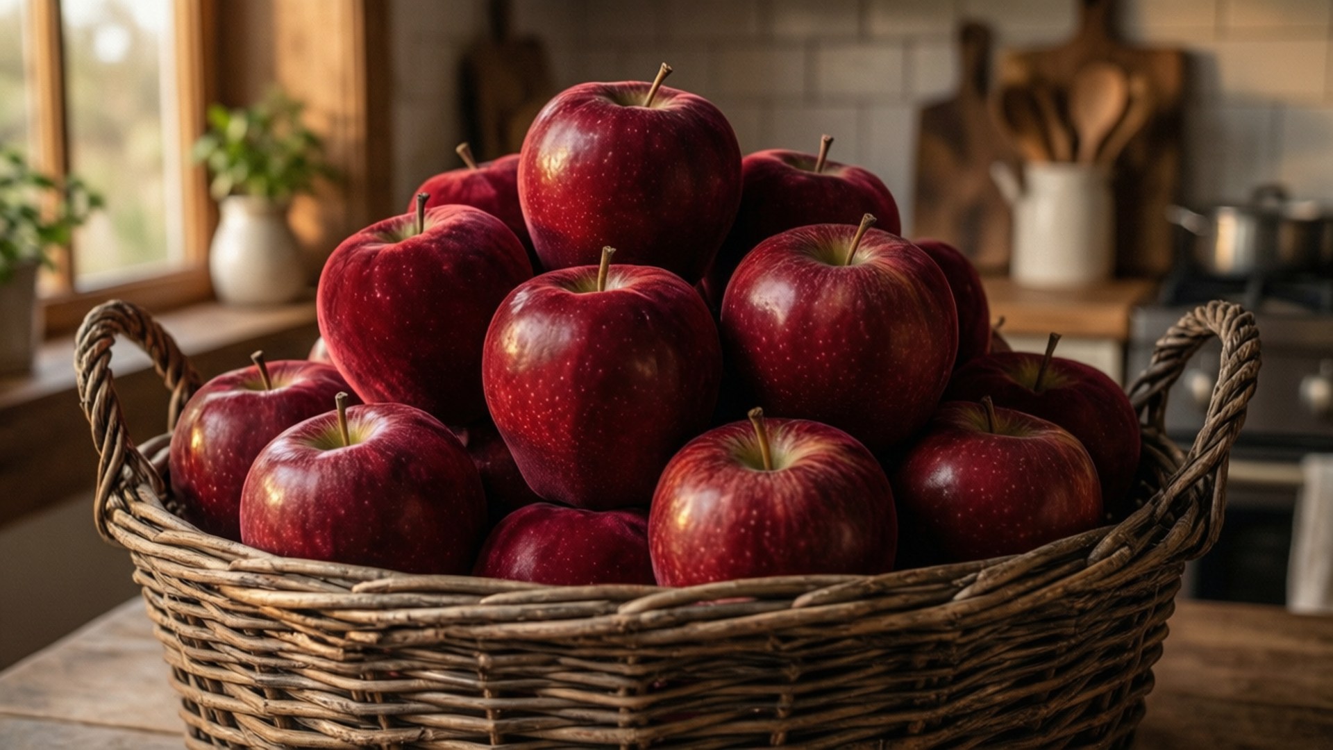 Basket of Velvet Apples 壁紙 — 一個裝滿光澤紅蘋果的籃子放在陽光充足的廚房的木桌上。