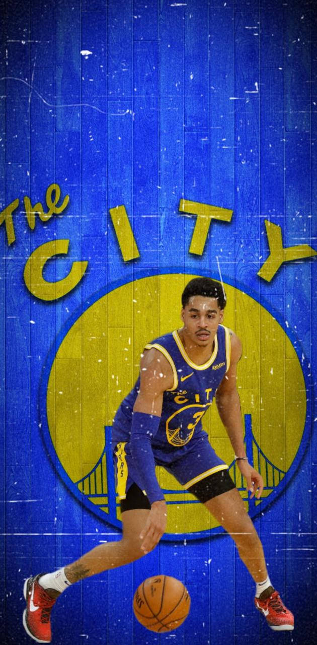 籃球運動員在帶有「The City」文字和橋樑圖案的藍色紋理背景上運球。 — NBA 壁紙
