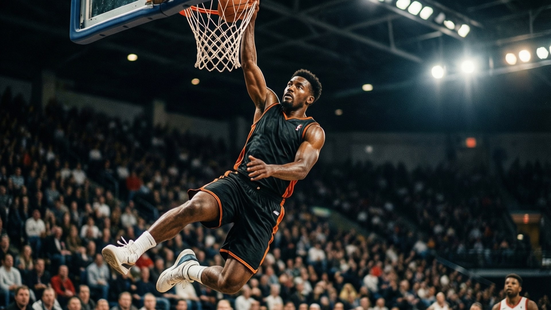 Dunk Moment 壁紙 — 一名身穿黑色和橙色球衣的籃球運動員在場館燈光下，背景有觀眾，扣籃得分。