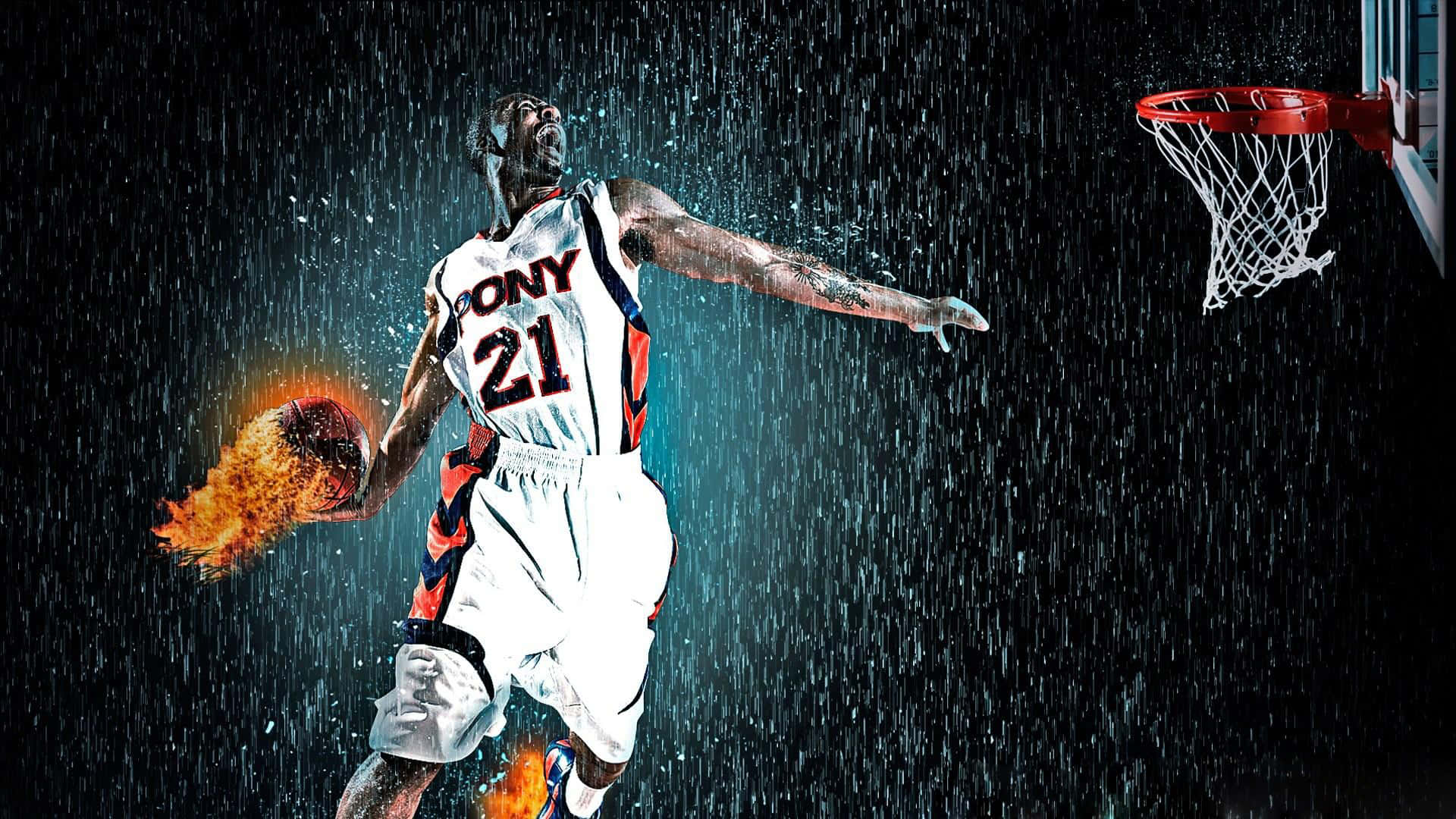 籃球運動員在夜間大雨中以火焰球灌籃。 — NBA 壁紙