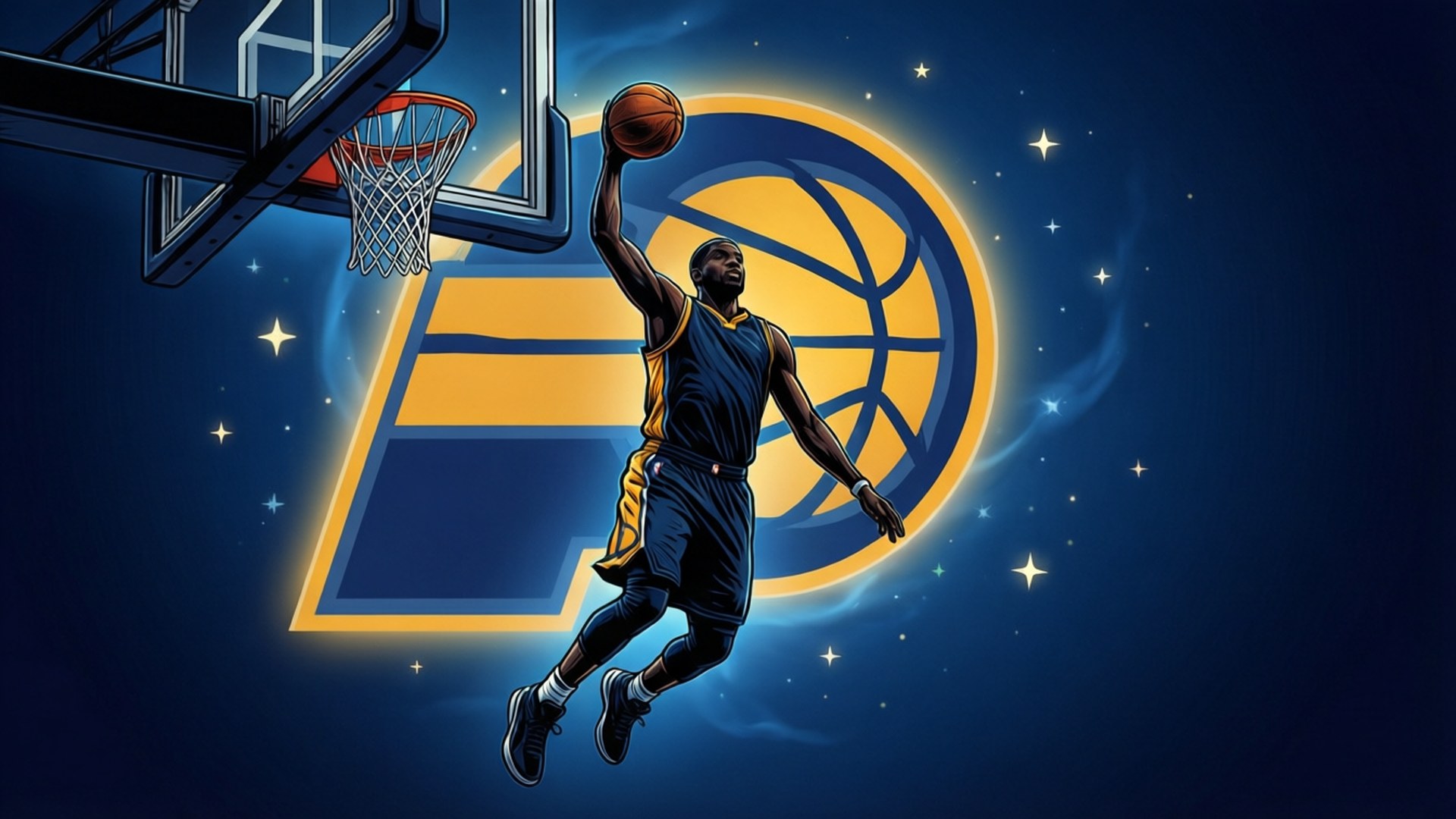 Starry Night Hoops 壁紙 — 一名籃球運動員在半空中灌籃，背景是繁星點點的夜空，並有發光的印第安納溜馬標誌。