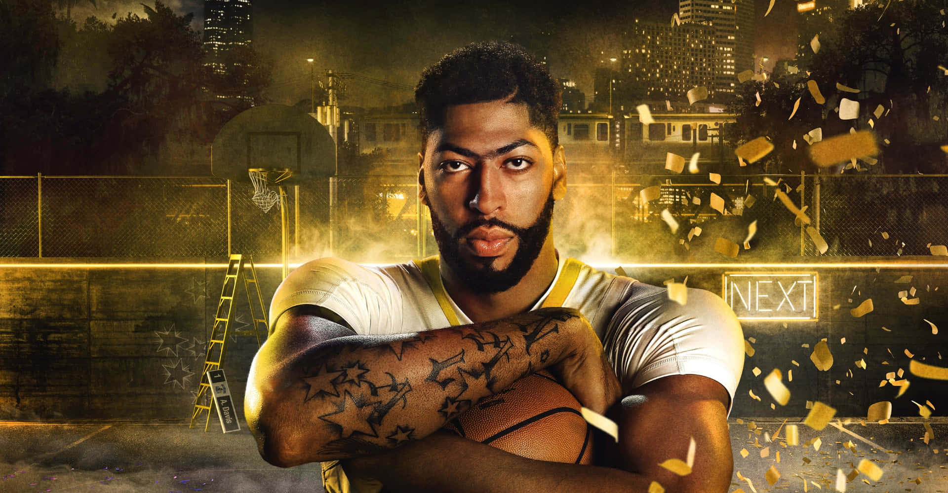 籃球運動員在紙屑飄落的夜晚城市場景中手持籃球。 — NBA 壁紙