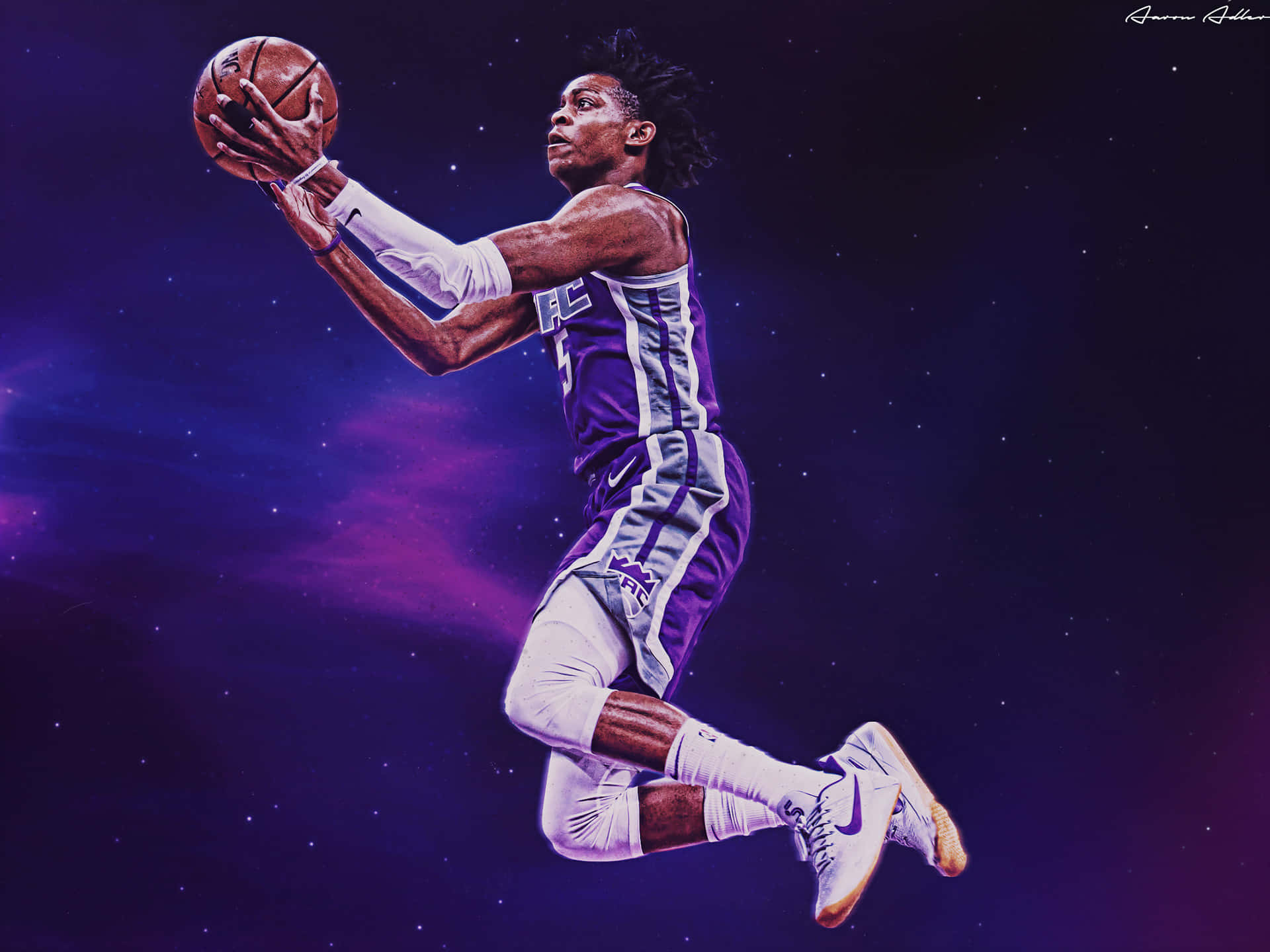 籃球運動員在星空宇宙背景下半空中 — NBA 壁紙
