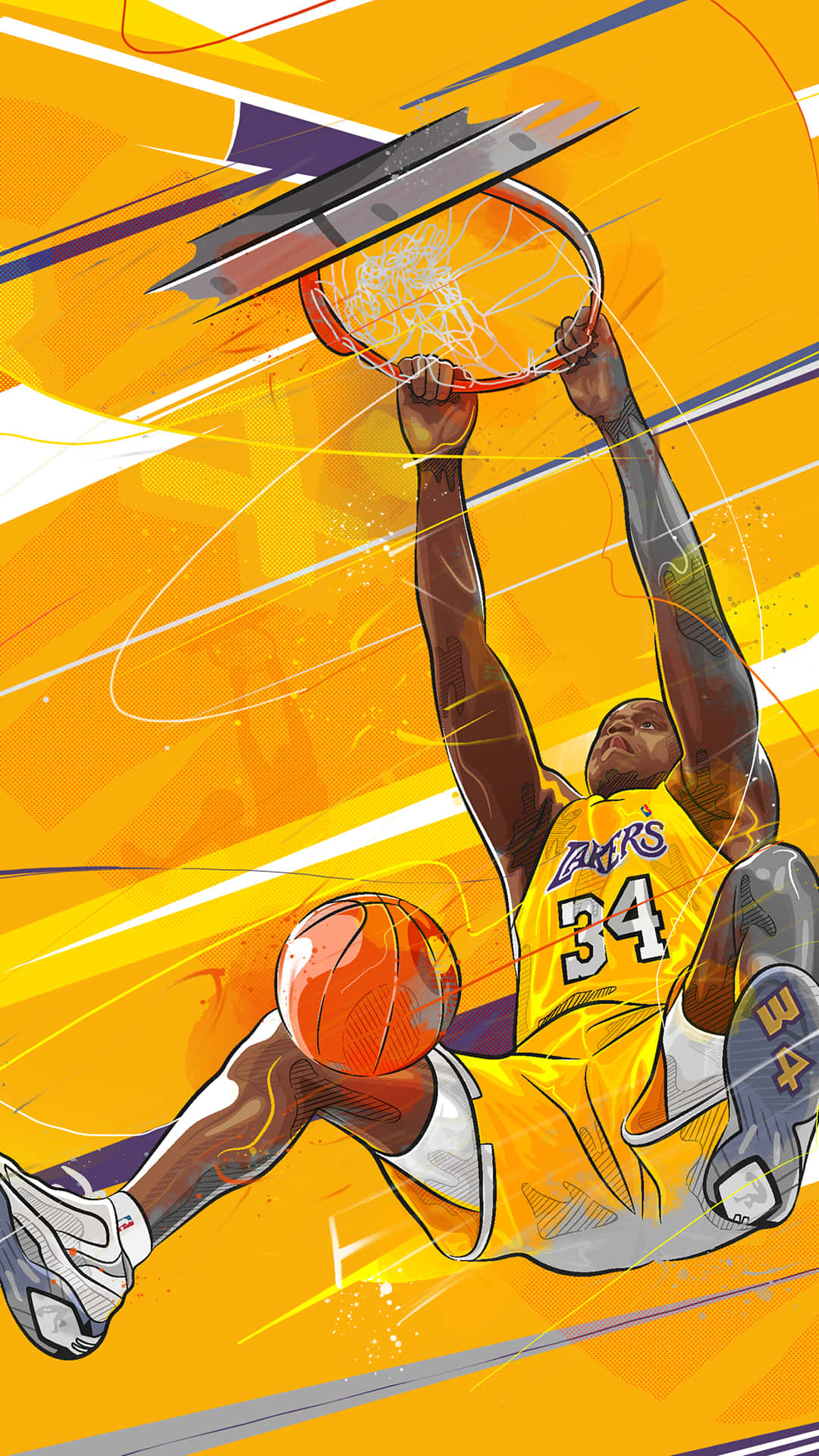 身穿湖人球衣的運動員以運動線條完成強力灌籃。 — NBA 壁紙