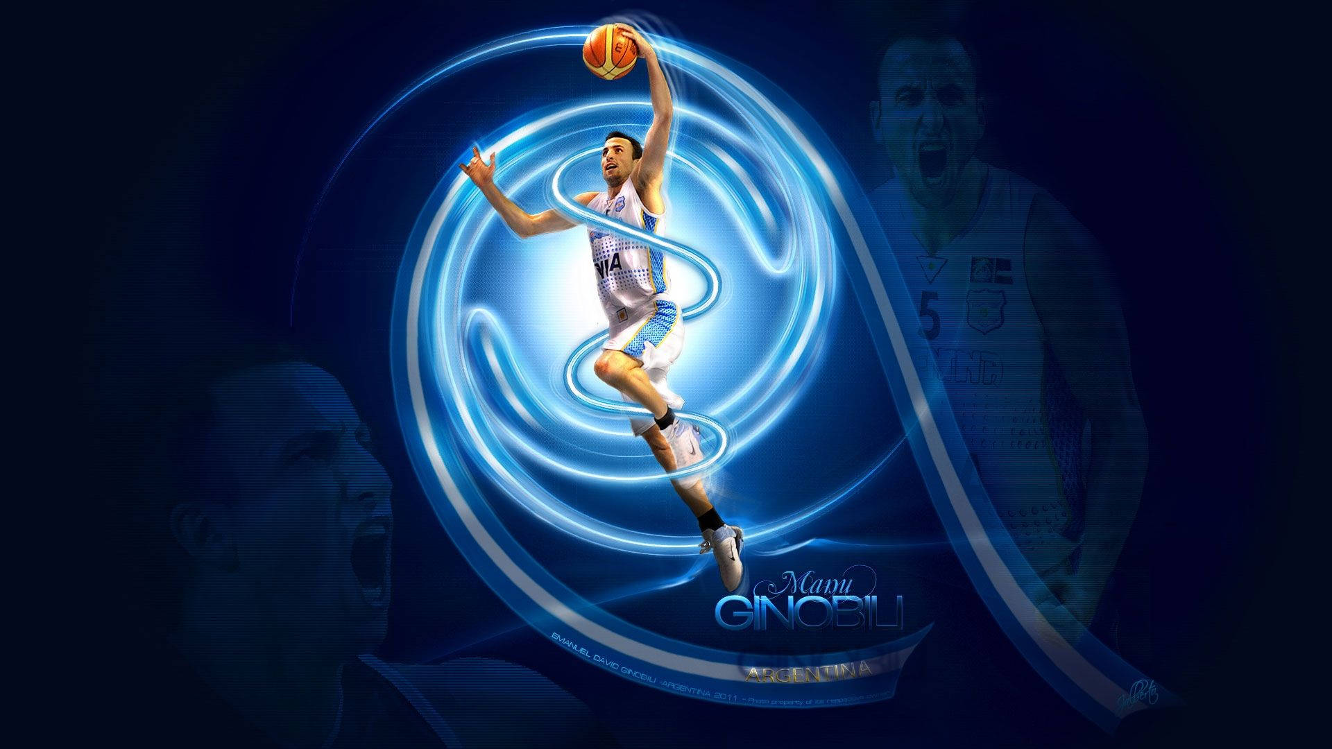 籃球運動員在半空中，被發光的藍色能量漩渦包圍。 — 酷 NBA 壁紙