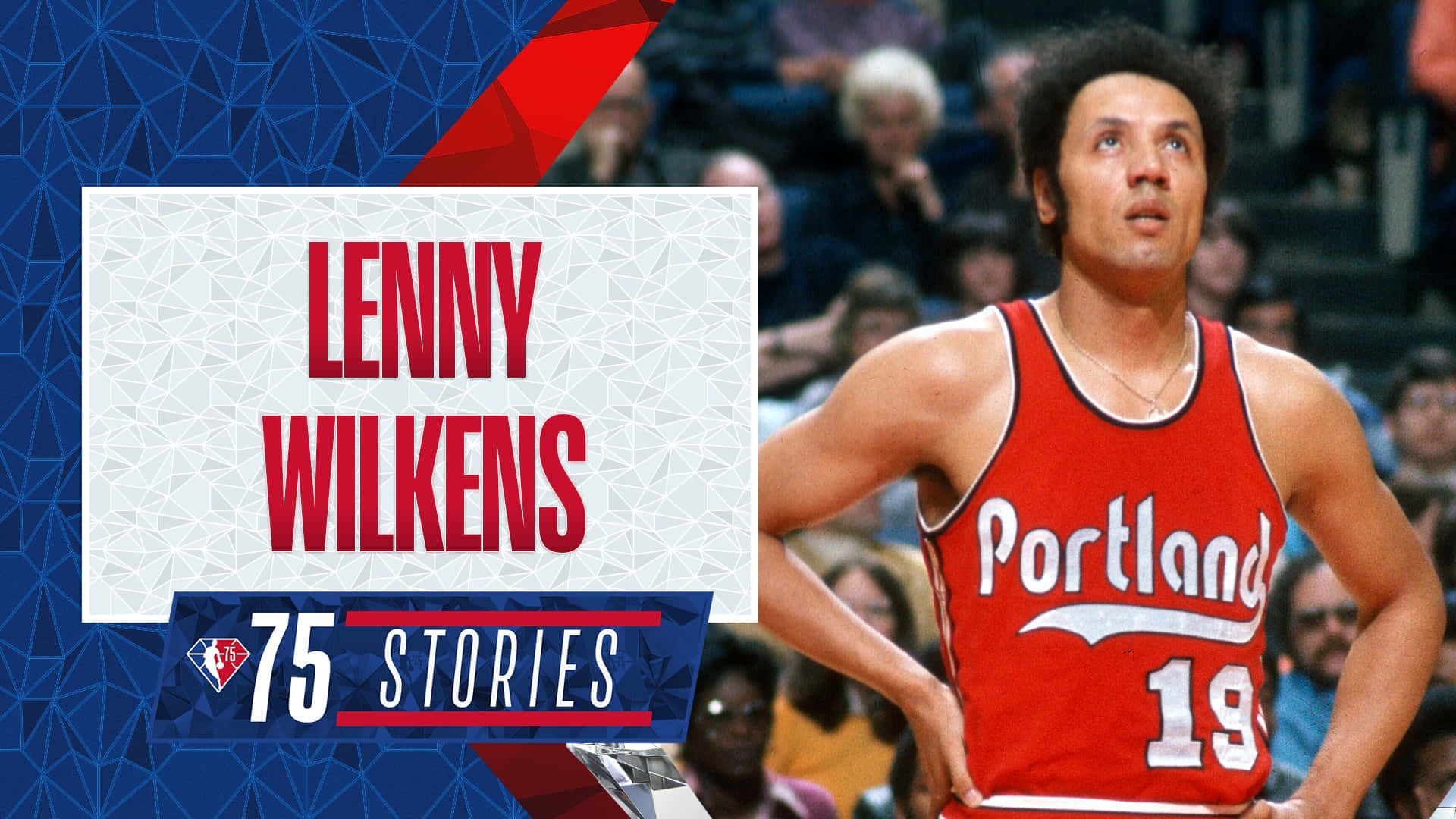 Lenny Wilkens 身穿波特蘭拓荒者隊 19 號球衣，在帶有圖形疊加效果的籃球比賽中。 — NBA 壁紙