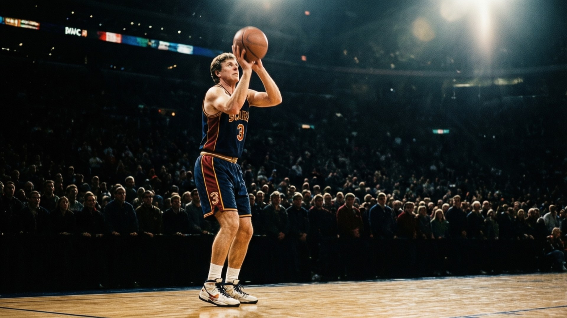 Free Throw Focus 壁紙 — 一名身穿棗紅色和藍色球衣的籃球運動員在明亮的場館燈光下準備投籃，背景是座無虛席的人群。