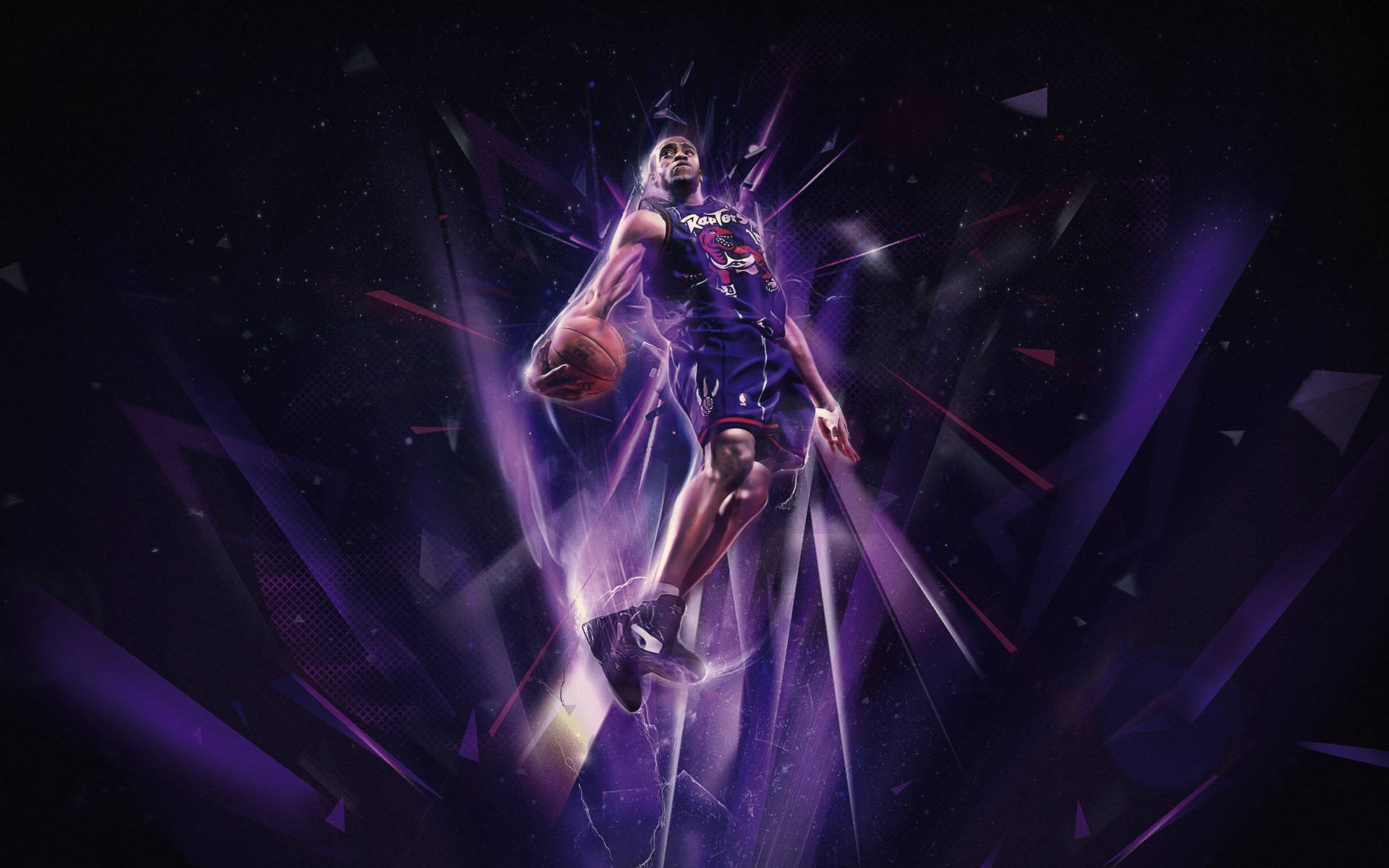 籃球運動員在半空中穿著紫色球衣，背景為破碎的宇宙。 — NBA 壁紙