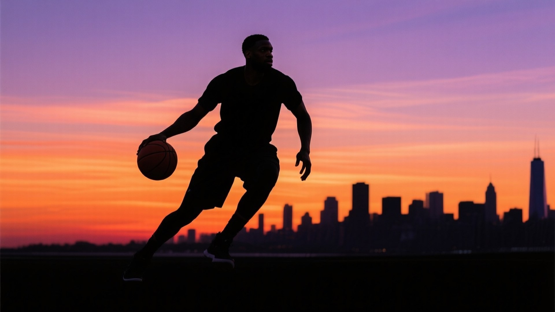 Sunset Silhouette Dribble 壁紙 — 一個籃球運動員的剪影在充滿活力的日落天空下運球，背景是城市天際線。