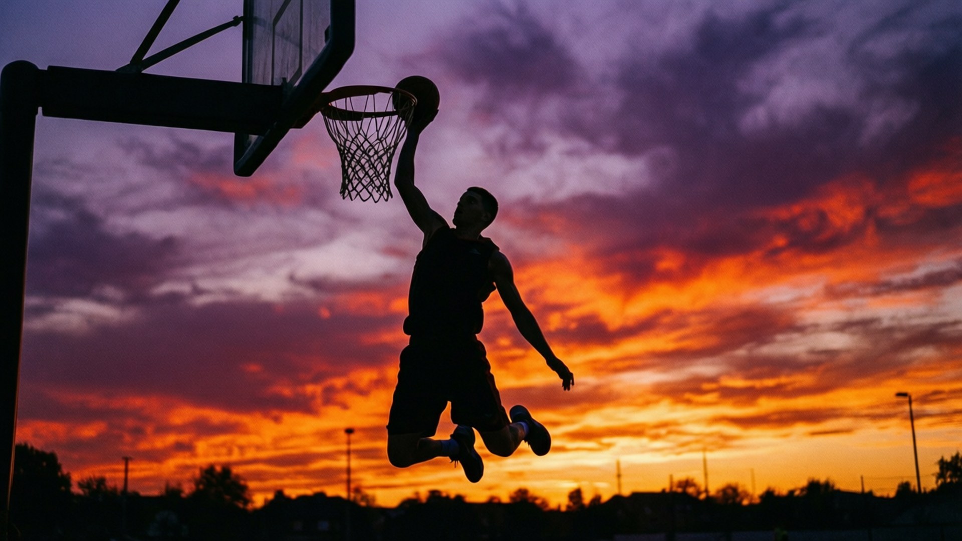 Dunk Silhouette Sunset 壁紙 — 一個籃球運動員在紫、橙、黃色雲彩的火熱日落天空背景下灌籃的剪影。